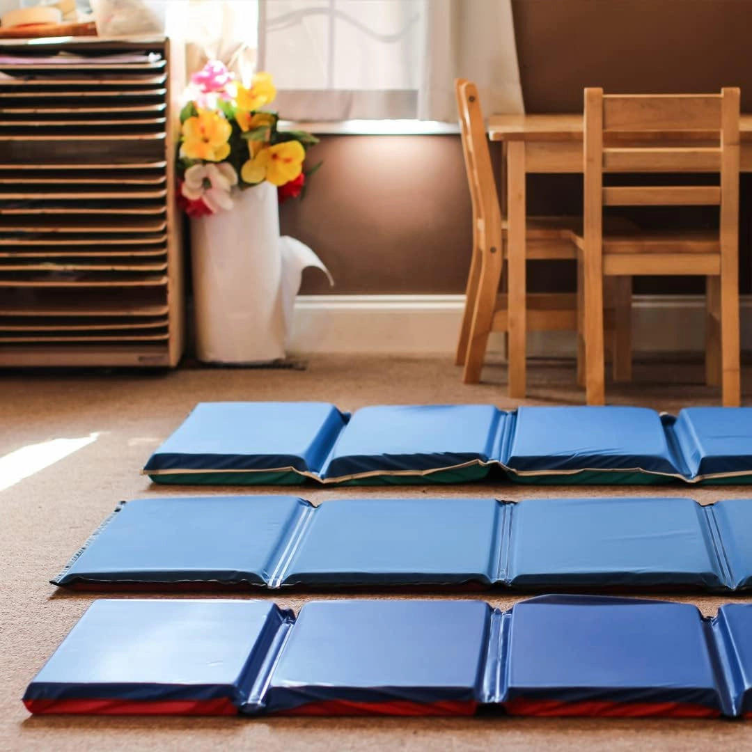 KinderMat, 1" Thick KinderMat, 4-Section Rest Mat, 45" x 19" x 1", Red/Blue with Grey Binding, Great for School, Daycare, Travel, and Home, Made in The USA
