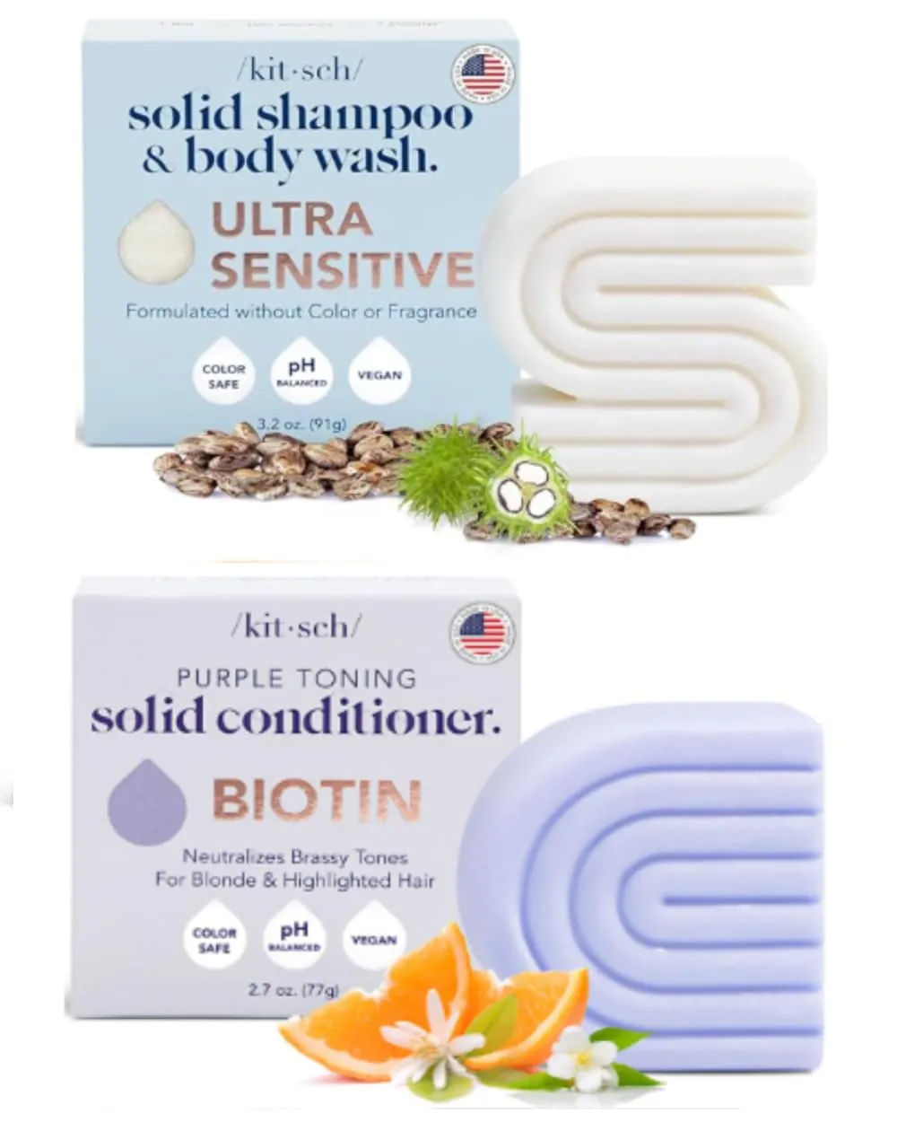 Kitsch 2-in-1 Ultra Sensitive Shampoo & Body Wash Bar and Purple Conditioner Bar for Blonde Hair