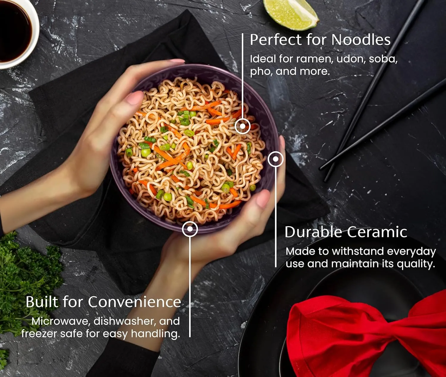 KooK Ramen Bowl, Japanese Bowls, Noodle Bowls, Large Soup Bowl, Ceramic, Large Capacity, For Ramen, Pho, Udon, Soba, Microwave and Dishwasher Safe, 34 oz, Set of 4 (Black/Plum)