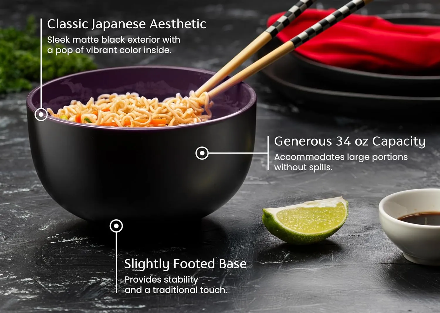 KooK Ramen Bowl, Japanese Bowls, Noodle Bowls, Large Soup Bowl, Ceramic, Large Capacity, For Ramen, Pho, Udon, Soba, Microwave and Dishwasher Safe, 34 oz, Set of 4 (Black/Plum)