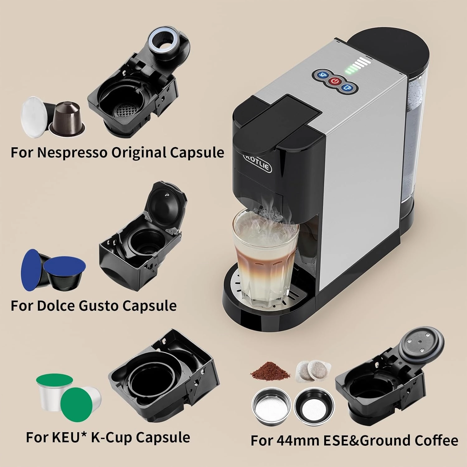 KOTLIE 19Bar Single Serve Coffee Maker, 5in1 Espresso Machine for Keu* kcup Capsules/Nespresso Original/Dolce Gusto/Ground Coffee/44mm ESE, Level 7 Water volume, Hot&Cold Brew Coffee Machine