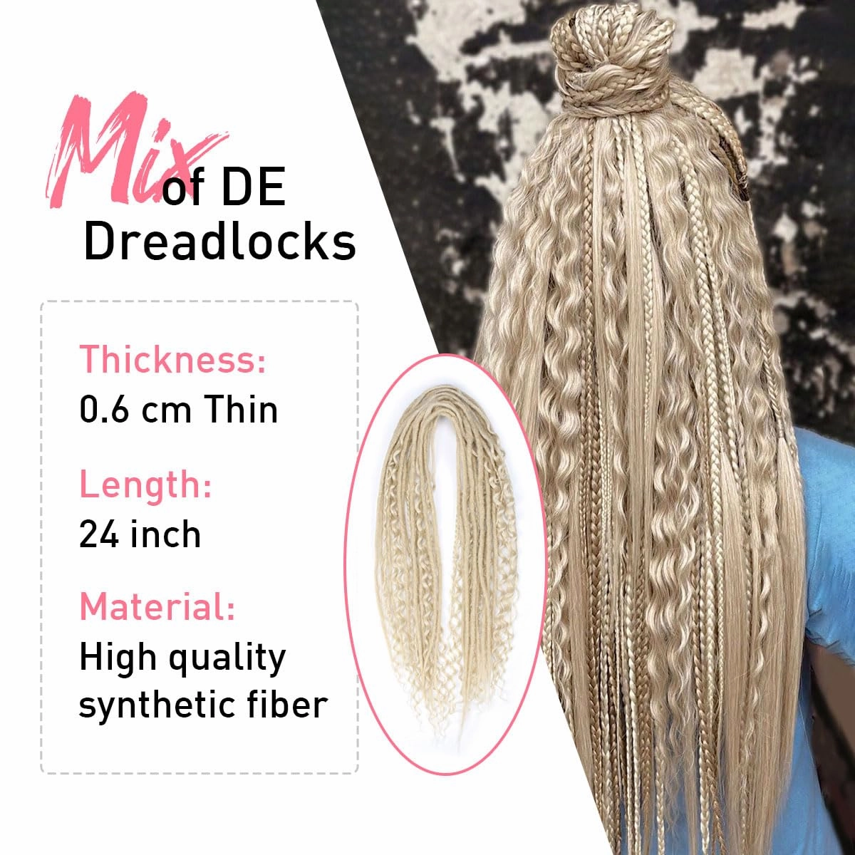 KRALER 24 Inch Mixed DE Dreadlock Extensions Sets, 3 in 1 20 Strands Synthetic Double Ended Dreads Extensions, 613 Blonde Hippie Crochet Dreads Style for Girls