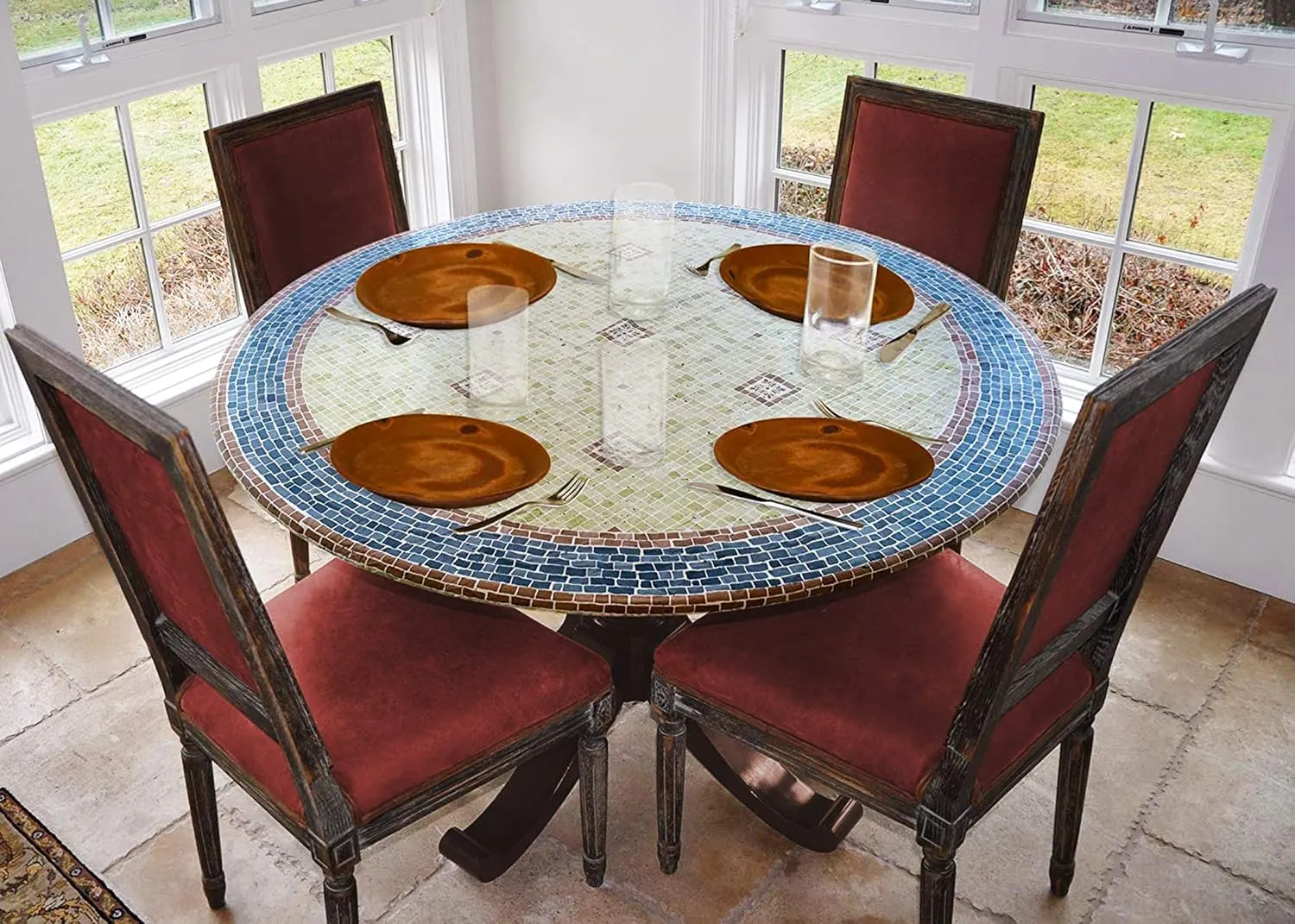 LAMINET - Elite Elastic Edged Print Table Pad - Mosaic Blue - Small Round - Fits Tables up to 44" Diameter - The Ultimate Protection for Your Table