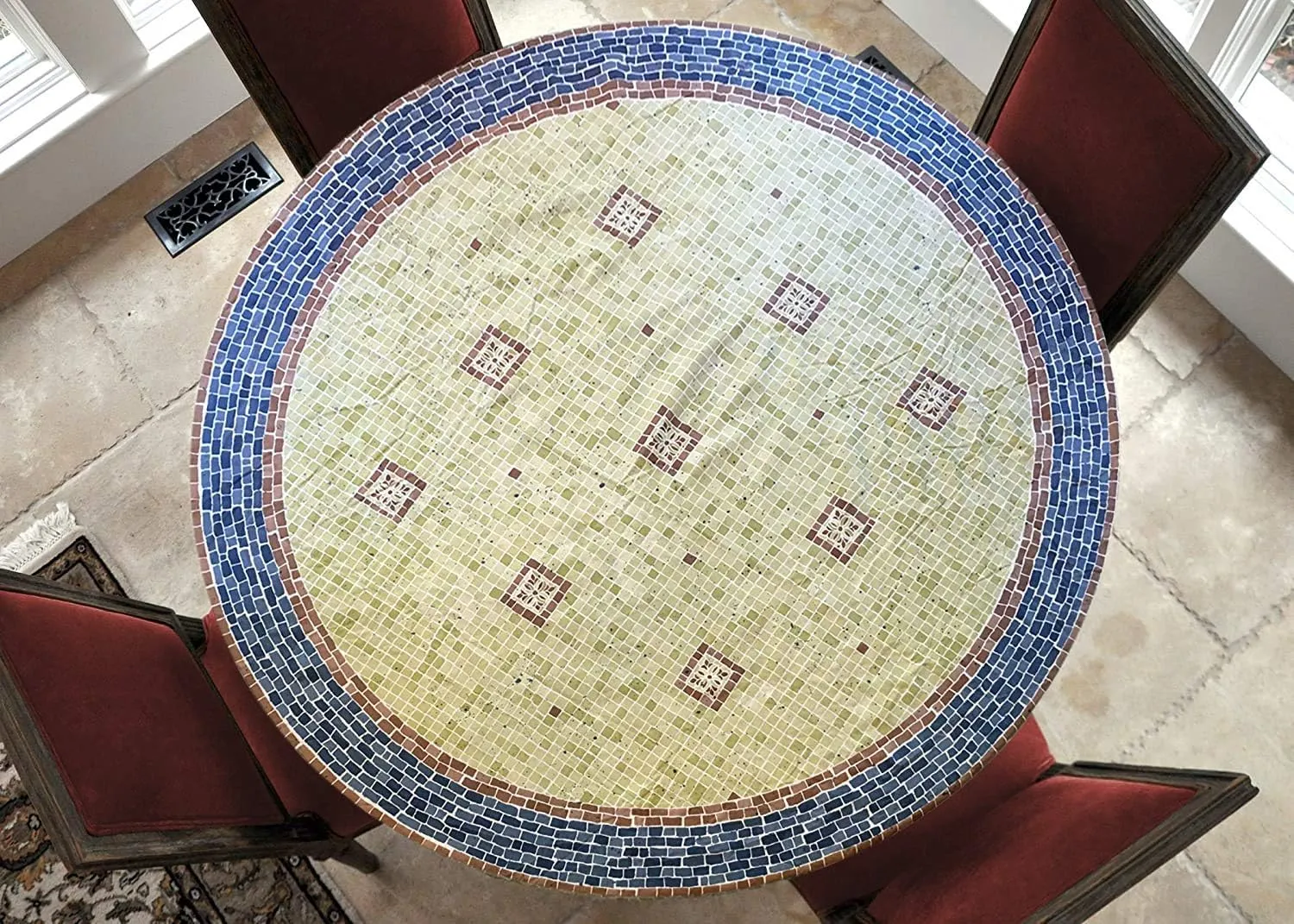 LAMINET - Elite Elastic Edged Print Table Pad - Mosaic Blue - Small Round - Fits Tables up to 44" Diameter - The Ultimate Protection for Your Table