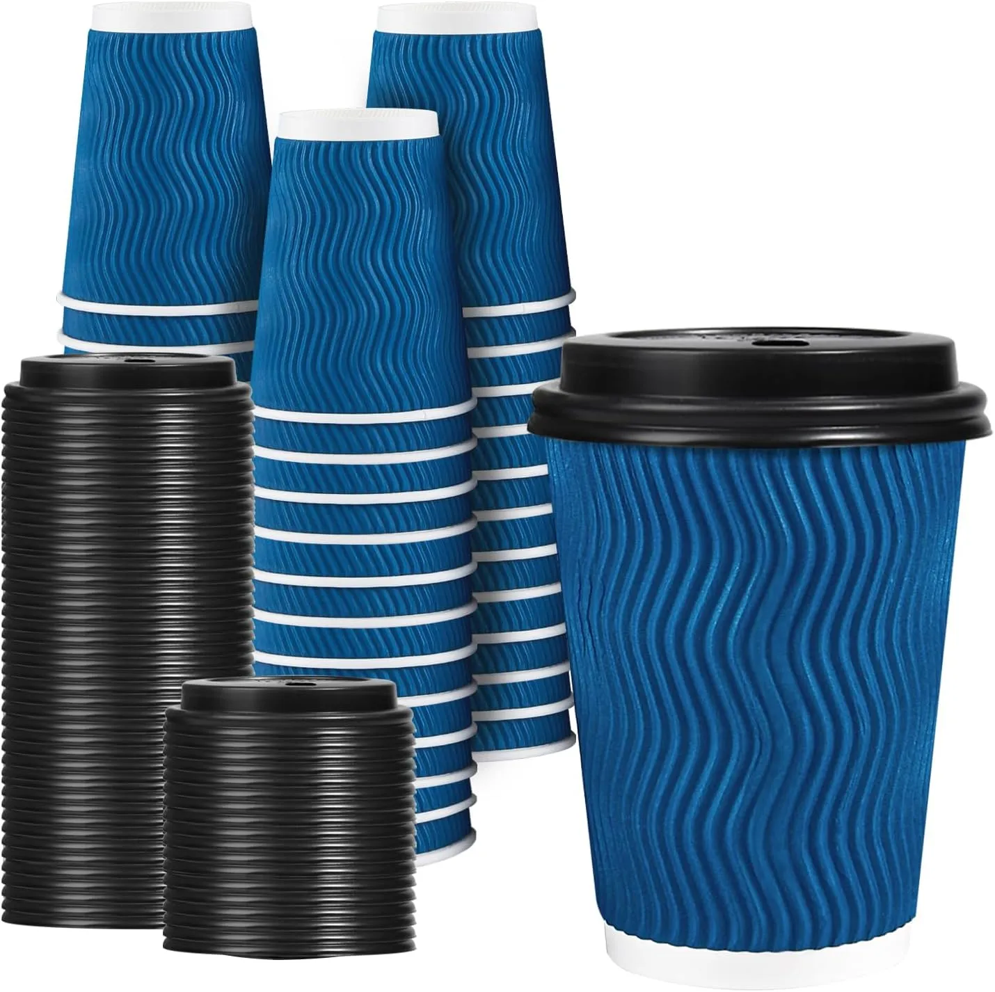 Lamosi Disposable Coffee Cups with Lids 12 OZ 50 Pack, Insulated Paper Coffee Cups with Lids, Corrugated Ripple Wall To Go Coffee Cup with Lid for Hot Beverages (Blue)