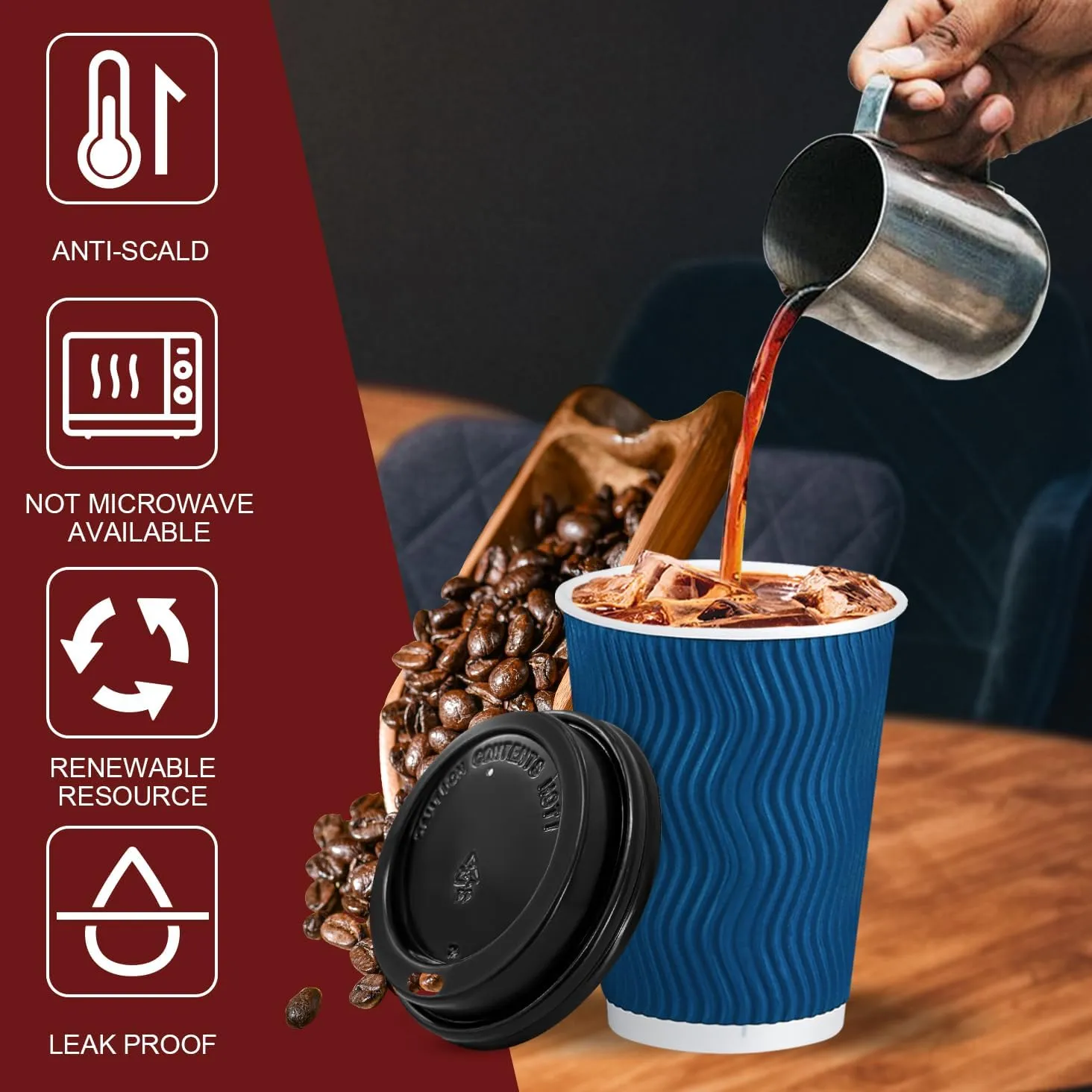 Lamosi Disposable Coffee Cups with Lids 12 OZ 50 Pack, Insulated Paper Coffee Cups with Lids, Corrugated Ripple Wall To Go Coffee Cup with Lid for Hot Beverages (Blue)