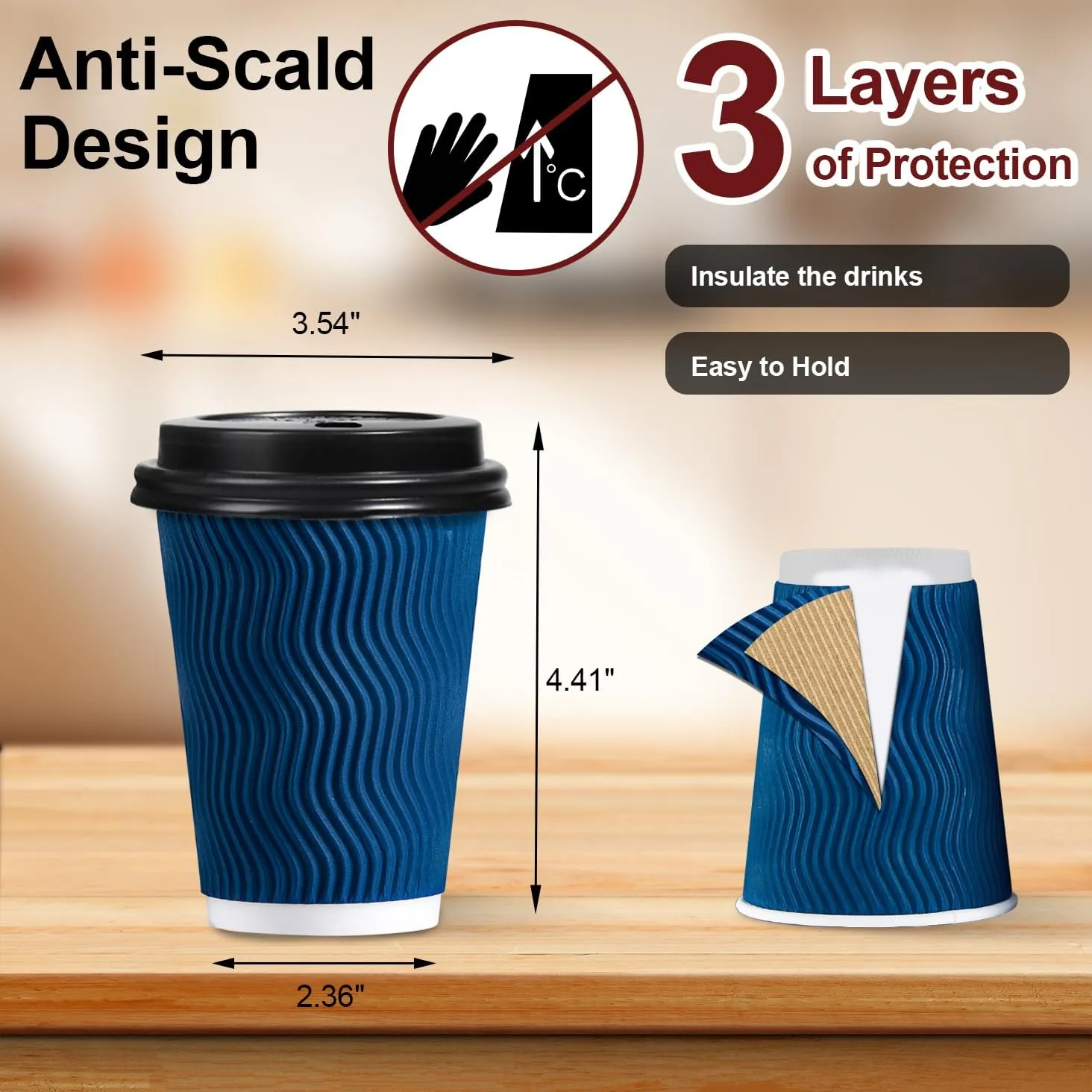Lamosi Disposable Coffee Cups with Lids 12 OZ 50 Pack, Insulated Paper Coffee Cups with Lids, Corrugated Ripple Wall To Go Coffee Cup with Lid for Hot Beverages (Blue)