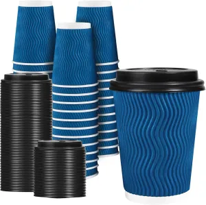 Lamosi Disposable Coffee Cups with Lids 12 OZ 50 Pack, Insulated Paper Coffee Cups with Lids, Corrugated Ripple Wall To Go Coffee Cup with Lid for Hot Beverages (Blue)