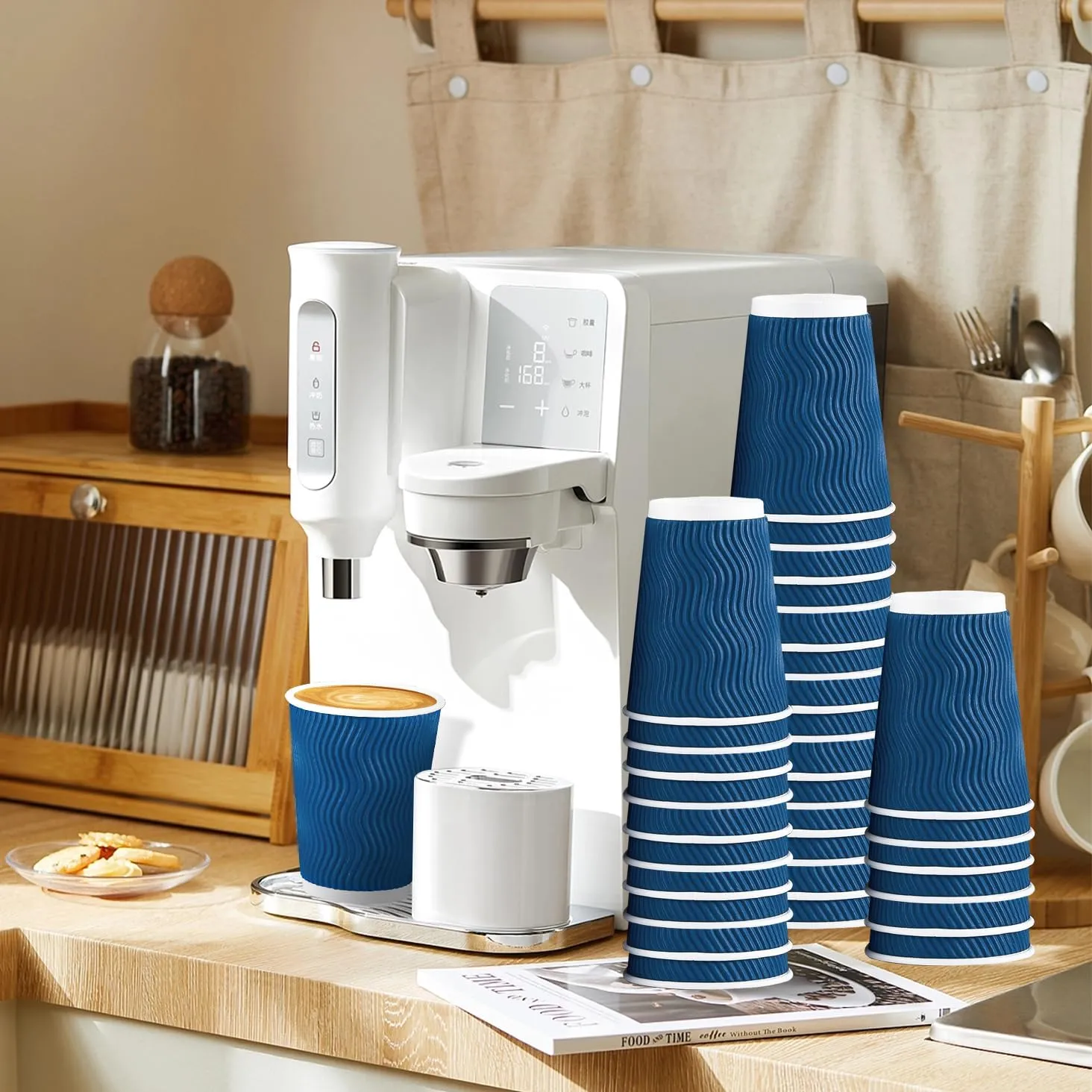 Lamosi Disposable Coffee Cups with Lids 12 OZ 50 Pack, Insulated Paper Coffee Cups with Lids, Corrugated Ripple Wall To Go Coffee Cup with Lid for Hot Beverages (Blue)