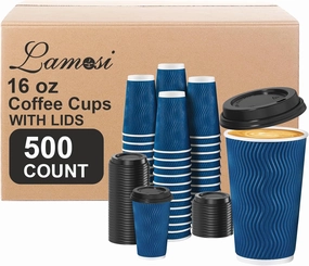 Lamosi Disposable Coffee Cups with Lids 16 OZ 500 Pack, Insulated Paper Coffee Cups with Lids, Corrugated Ripple Wall To Go Coffee Cup with Lid for Hot Beverages (Blue)