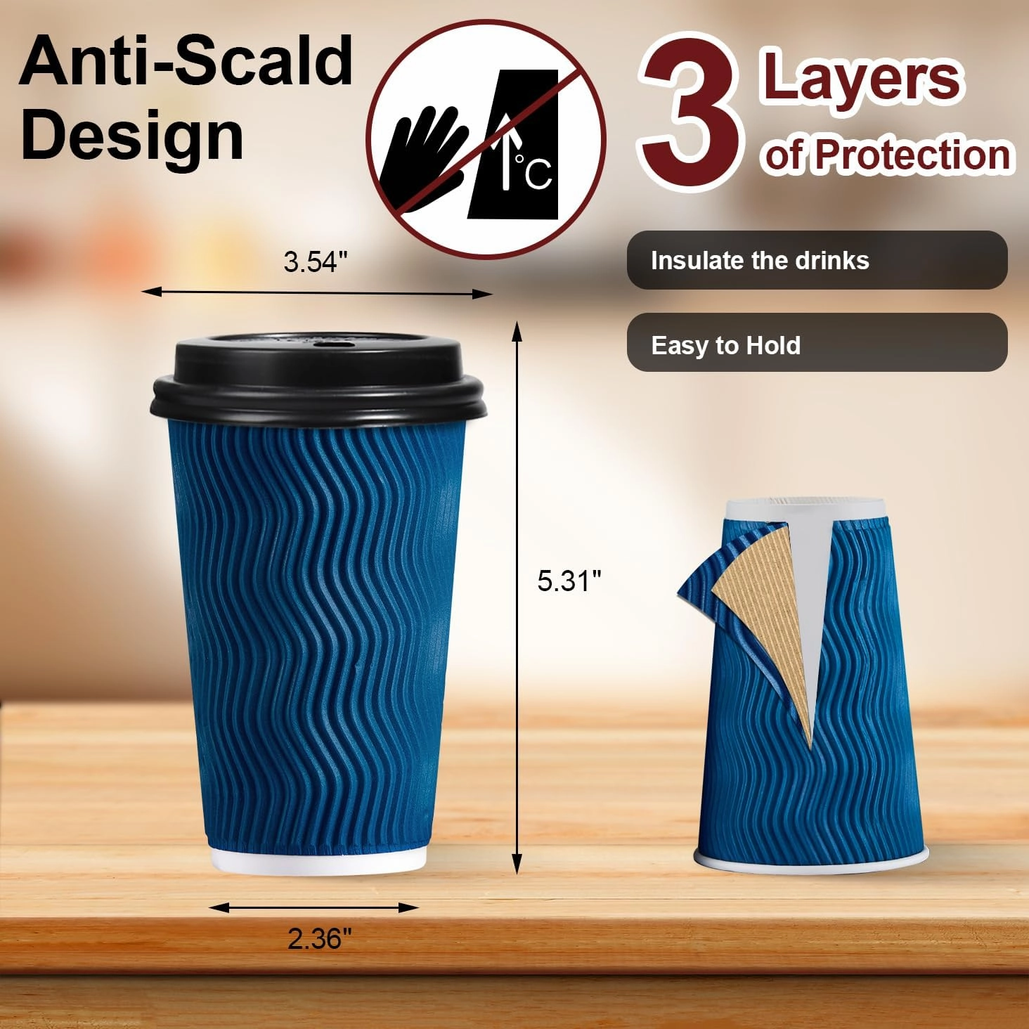 Lamosi Disposable Coffee Cups with Lids 16 OZ 500 Pack, Insulated Paper Coffee Cups with Lids, Corrugated Ripple Wall To Go Coffee Cup with Lid for Hot Beverages (Blue)