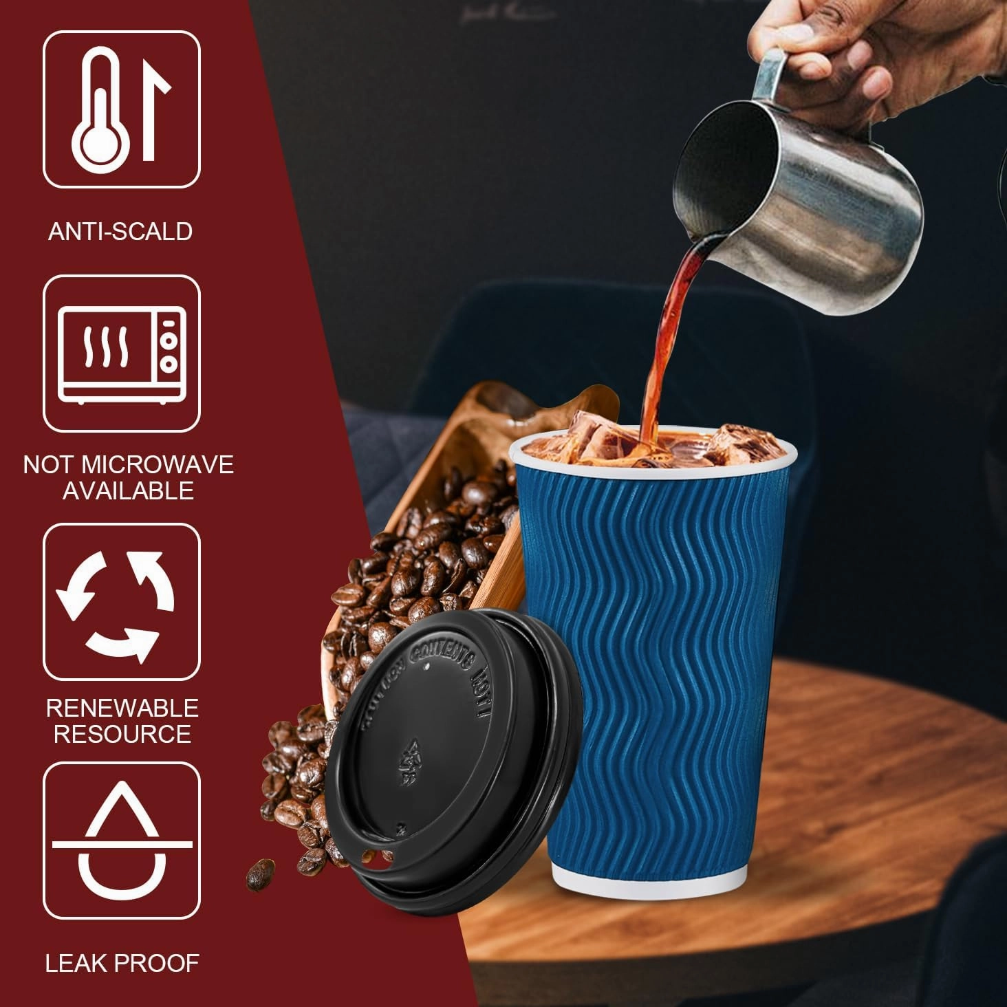 Lamosi Disposable Coffee Cups with Lids 16 OZ 500 Pack, Insulated Paper Coffee Cups with Lids, Corrugated Ripple Wall To Go Coffee Cup with Lid for Hot Beverages (Blue)