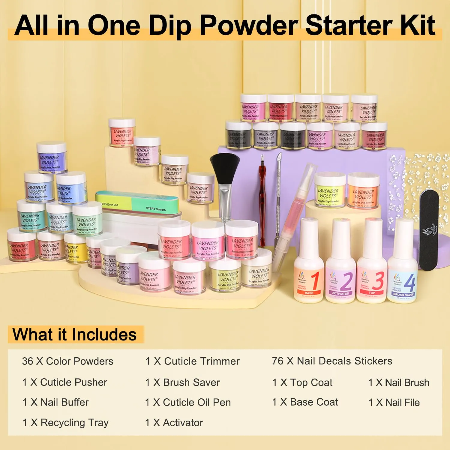 Lavender Violets 48 Pcs Dip Powder Nail Kit Starter, 36 Colors Pink Red Yellow Green Blue with Dip Powder Liquid Set and Essential Manicure Tools for Nail Art Designs B950