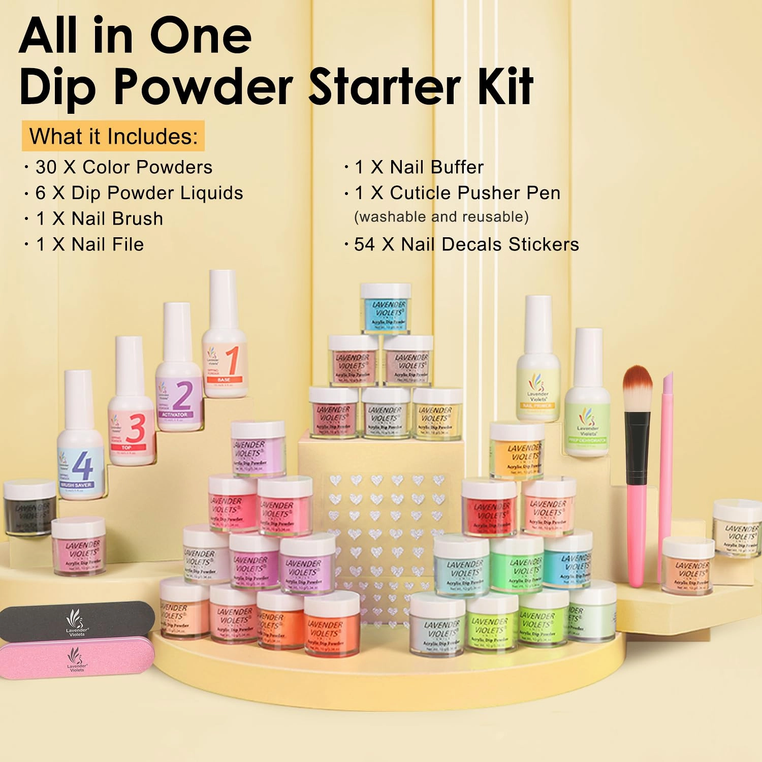Lavender Violets 94Pcs Dip Powder Nail Kit Starter, 30 Neon Colors Red Purple Green Orange Yellow with Dipping Powder Liquid Set and Nail Art Tool for Colorful DIY Manicure B703