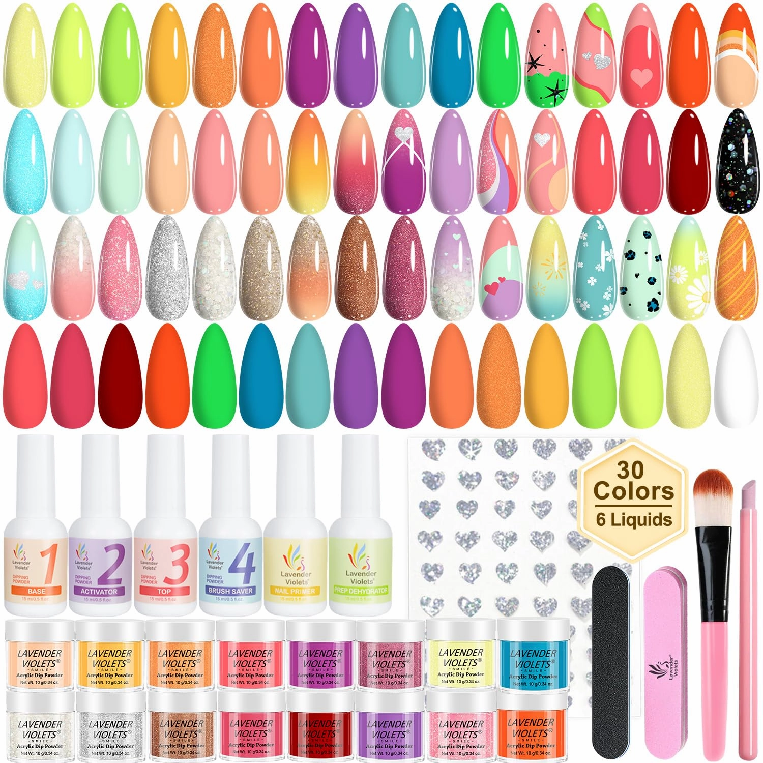 Lavender Violets 94Pcs Dip Powder Nail Kit Starter, 30 Neon Colors Red Purple Green Orange Yellow with Dipping Powder Liquid Set and Nail Art Tool for Colorful DIY Manicure B703
