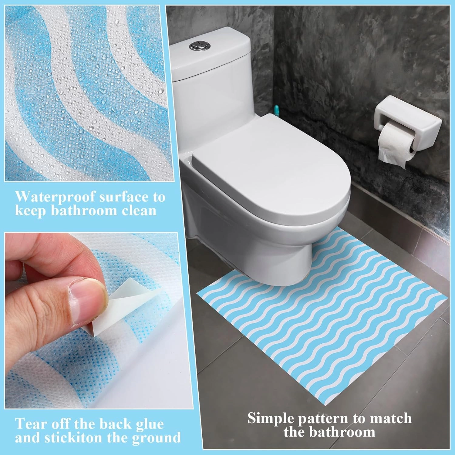 Layhit 50 Pcs Disposable Toilet Commode Mat 20 x 20" Deodorizing Toilet Mat Waterproof U Shaped Blue Pad for Older Potty Training Pee Incontinence Bathroom Floor Non Slip(Wave)
