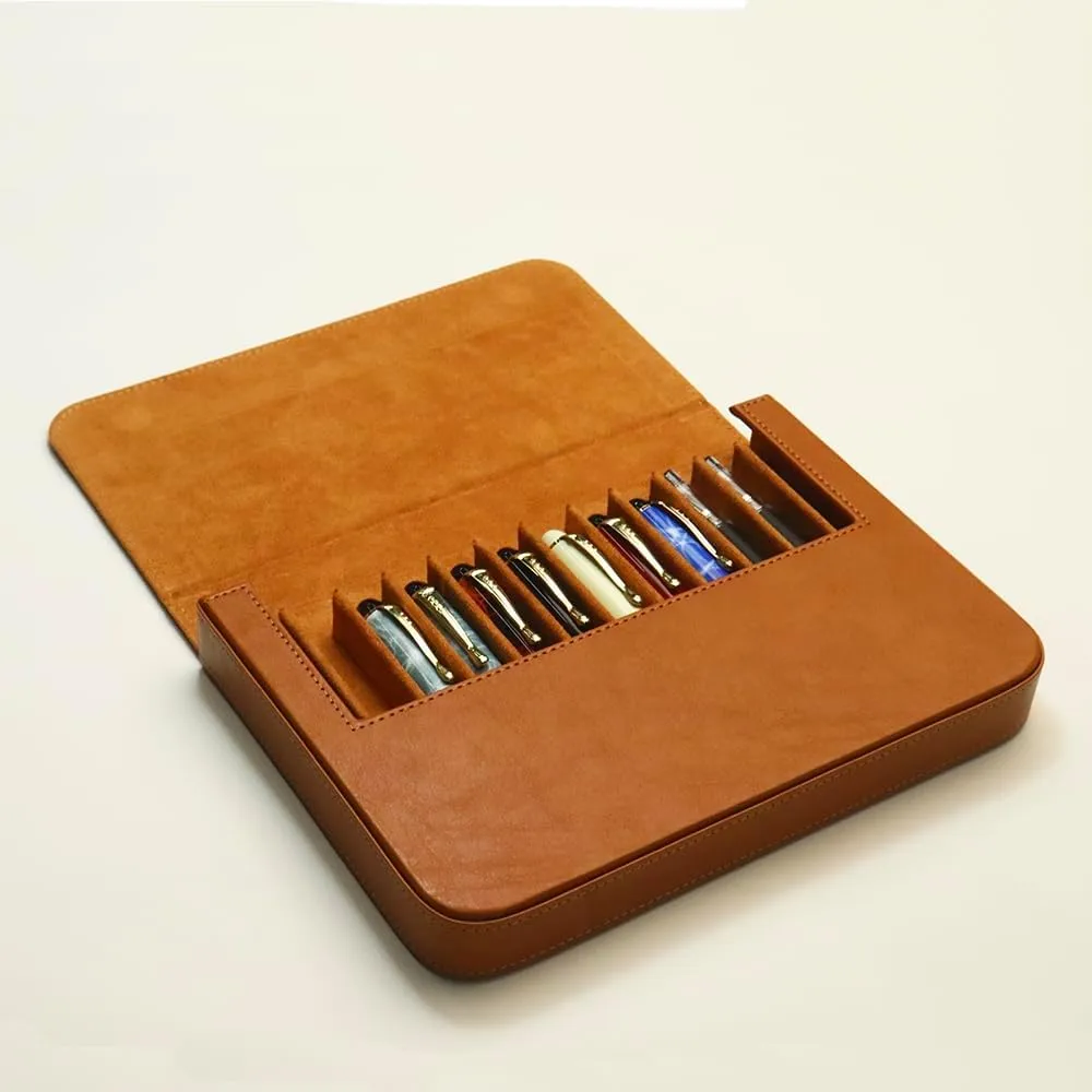 Leather 12 Fountain Pen/Pencil Tray Case Organizer, Fashion Design, Handmade, Magnetic Closure with Drawer, Christmas Gift for Man/Woman/Office, 12 Slots(brown)