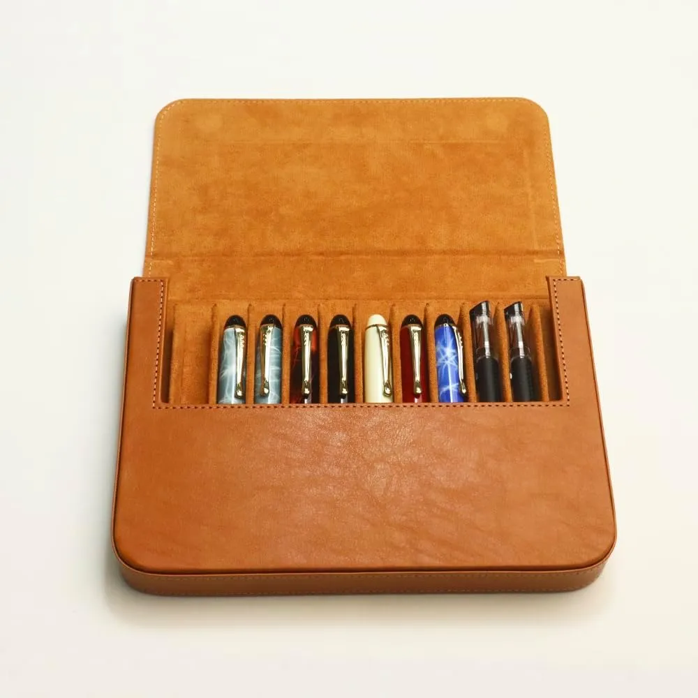 Leather 12 Fountain Pen/Pencil Tray Case Organizer, Fashion Design, Handmade, Magnetic Closure with Drawer, Christmas Gift for Man/Woman/Office, 12 Slots(brown)
