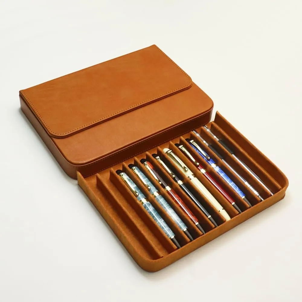 Leather 12 Fountain Pen/Pencil Tray Case Organizer, Fashion Design, Handmade, Magnetic Closure with Drawer, Christmas Gift for Man/Woman/Office, 12 Slots(brown)