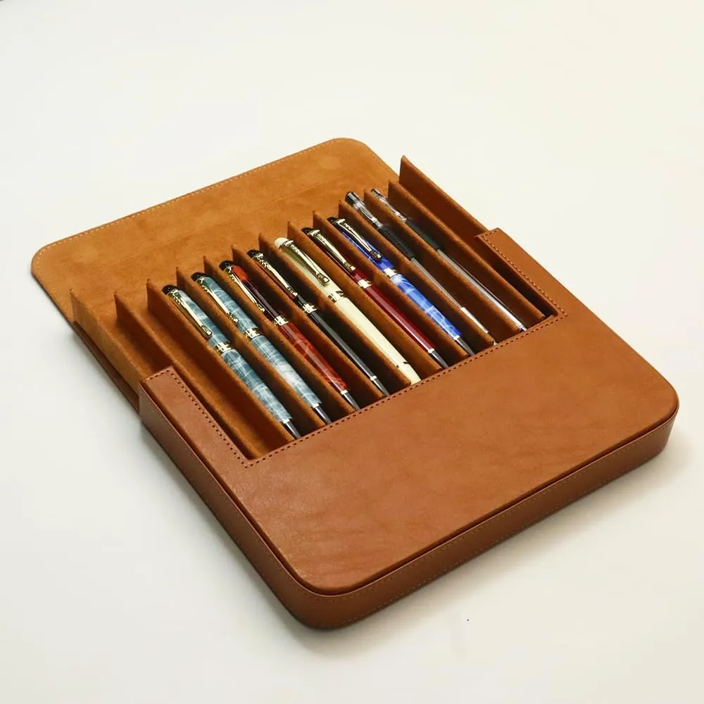 Leather 12 Fountain Pen/Pencil Tray Case Organizer, Fashion Design, Handmade, Magnetic Closure with Drawer, Christmas Gift for Man/Woman/Office, 12 Slots(brown)