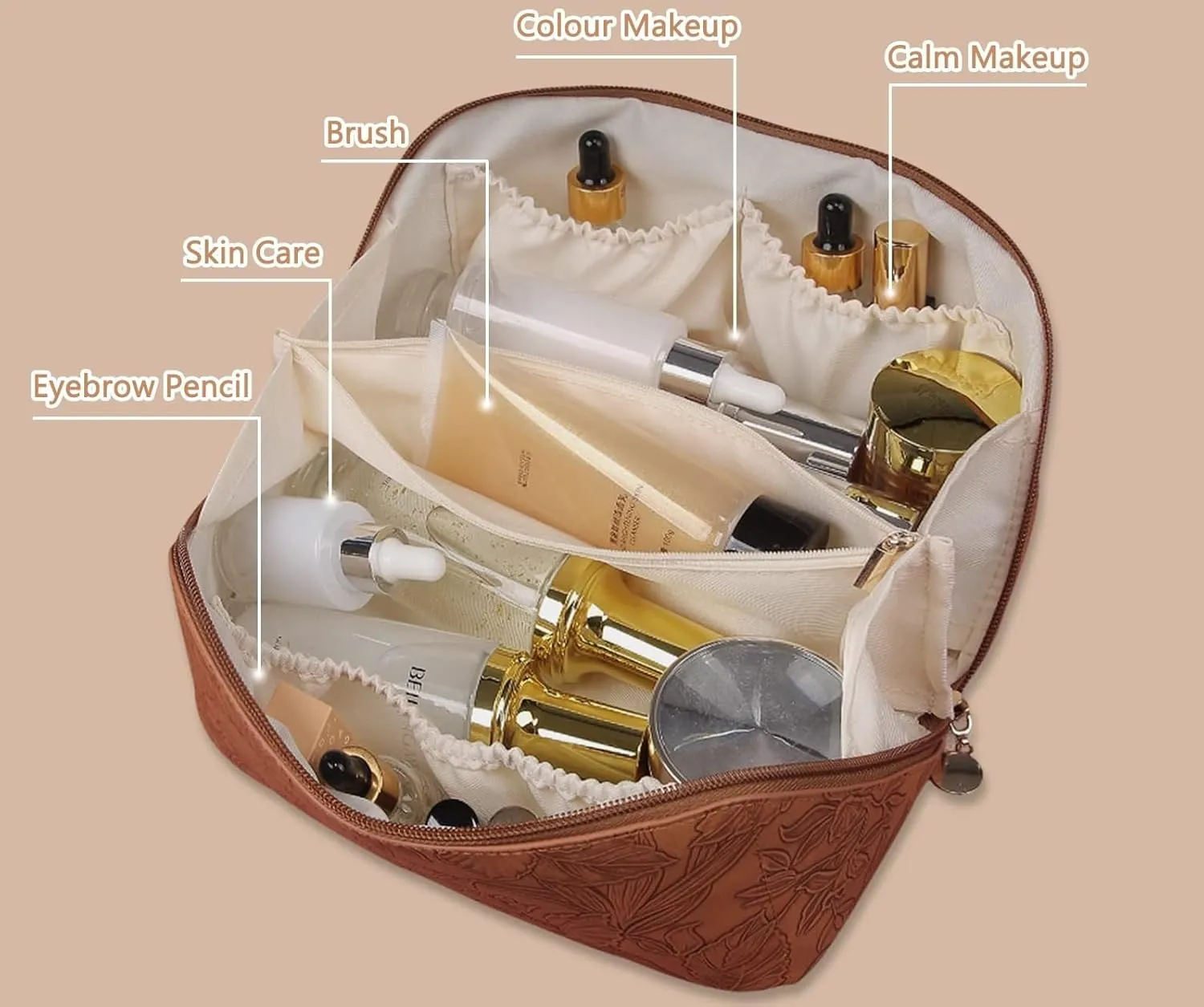 Lently Makeup Bag, Travel Cosmetic Bags for Women Make Up Bag Organizer Case Everything Makeup Bag, Large Capacity Portable (Emboss, Coffee Brown), EMB0001