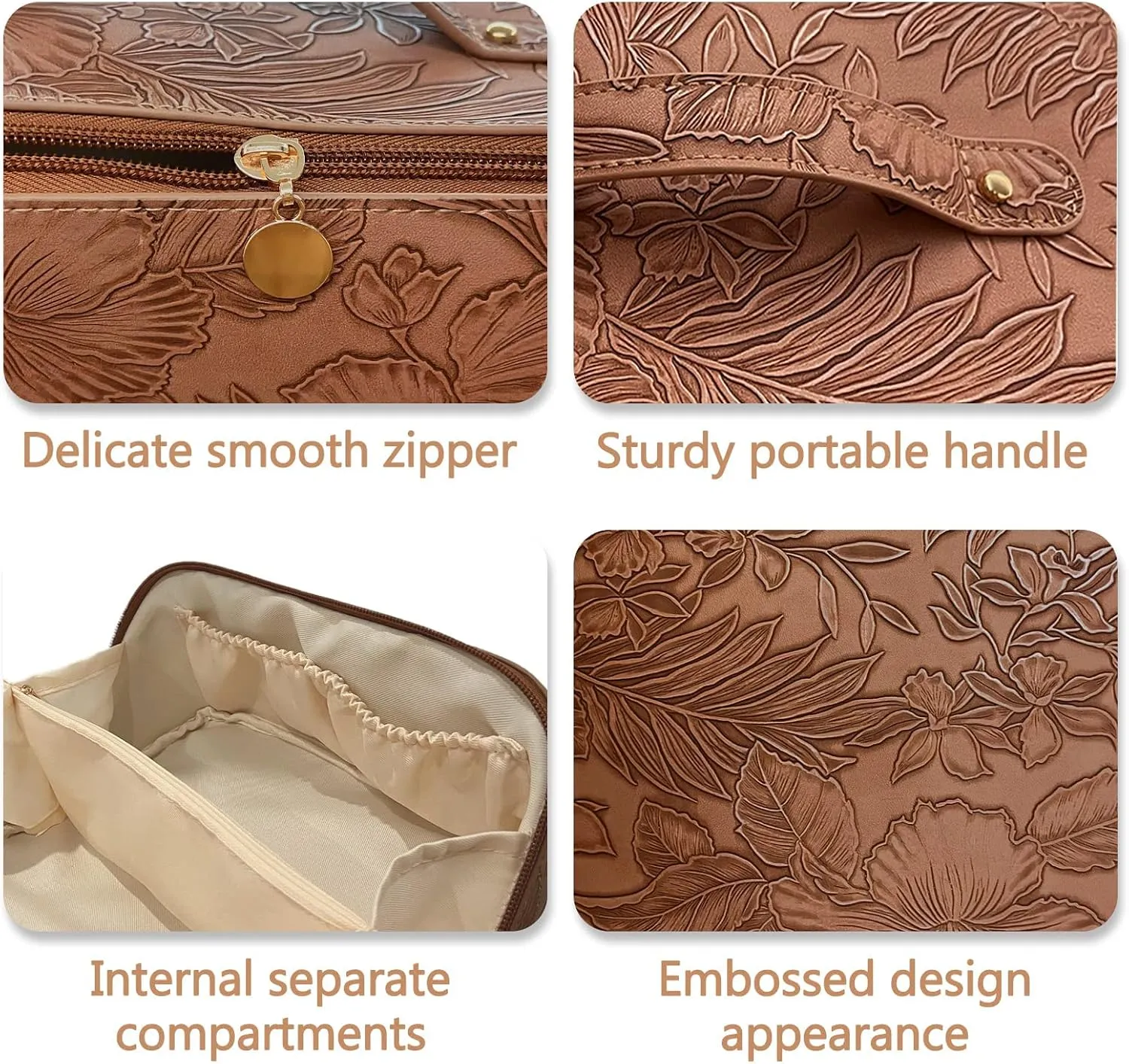 Lently Makeup Bag, Travel Cosmetic Bags for Women Make Up Bag Organizer Case Everything Makeup Bag, Large Capacity Portable (Emboss, Coffee Brown), EMB0001