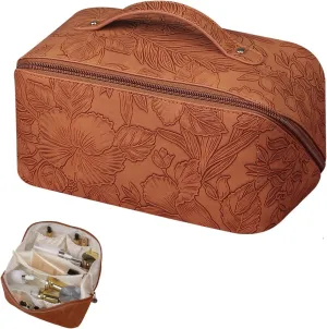 Lently Makeup Bag, Travel Cosmetic Bags for Women Make Up Bag Organizer Case Everything Makeup Bag, Large Capacity Portable (Emboss, Coffee Brown), EMB0001