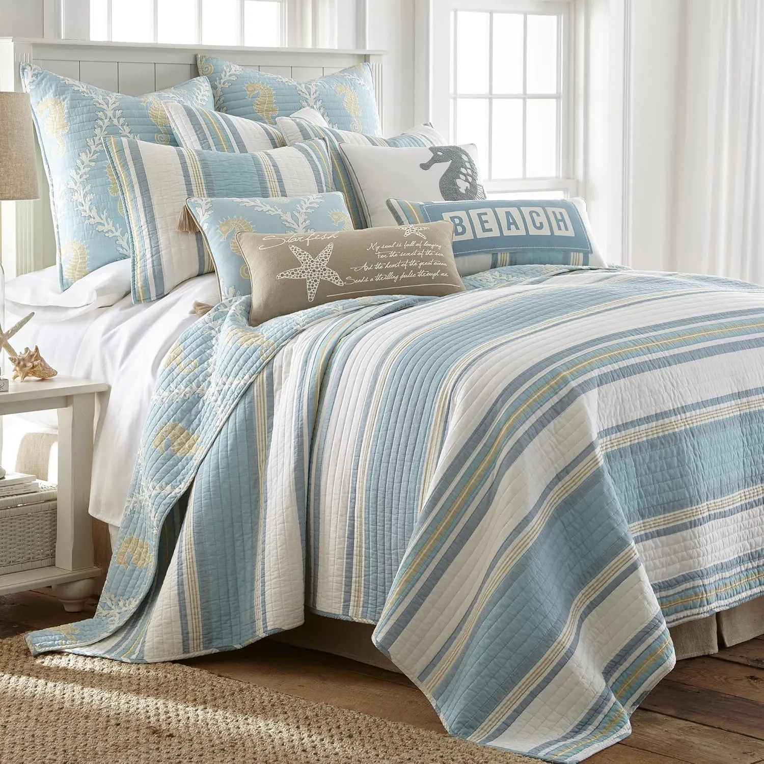Levtex Home - Kailua Quilt Set - Queen Quilt   Two Standard Pillow Shams - Stripe - Blue Teal Taupe Cream - Quilt (88x92in.) and Pillow Shams (26x20in.) - Reversible - Cotton Fabric