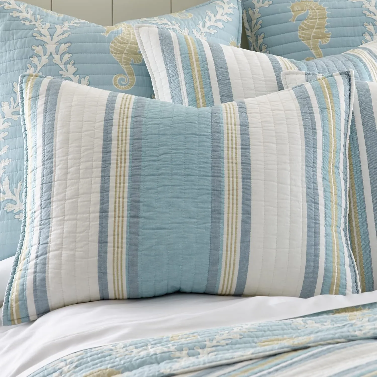 Levtex Home - Kailua Quilt Set - Queen Quilt   Two Standard Pillow Shams - Stripe - Blue Teal Taupe Cream - Quilt (88x92in.) and Pillow Shams (26x20in.) - Reversible - Cotton Fabric