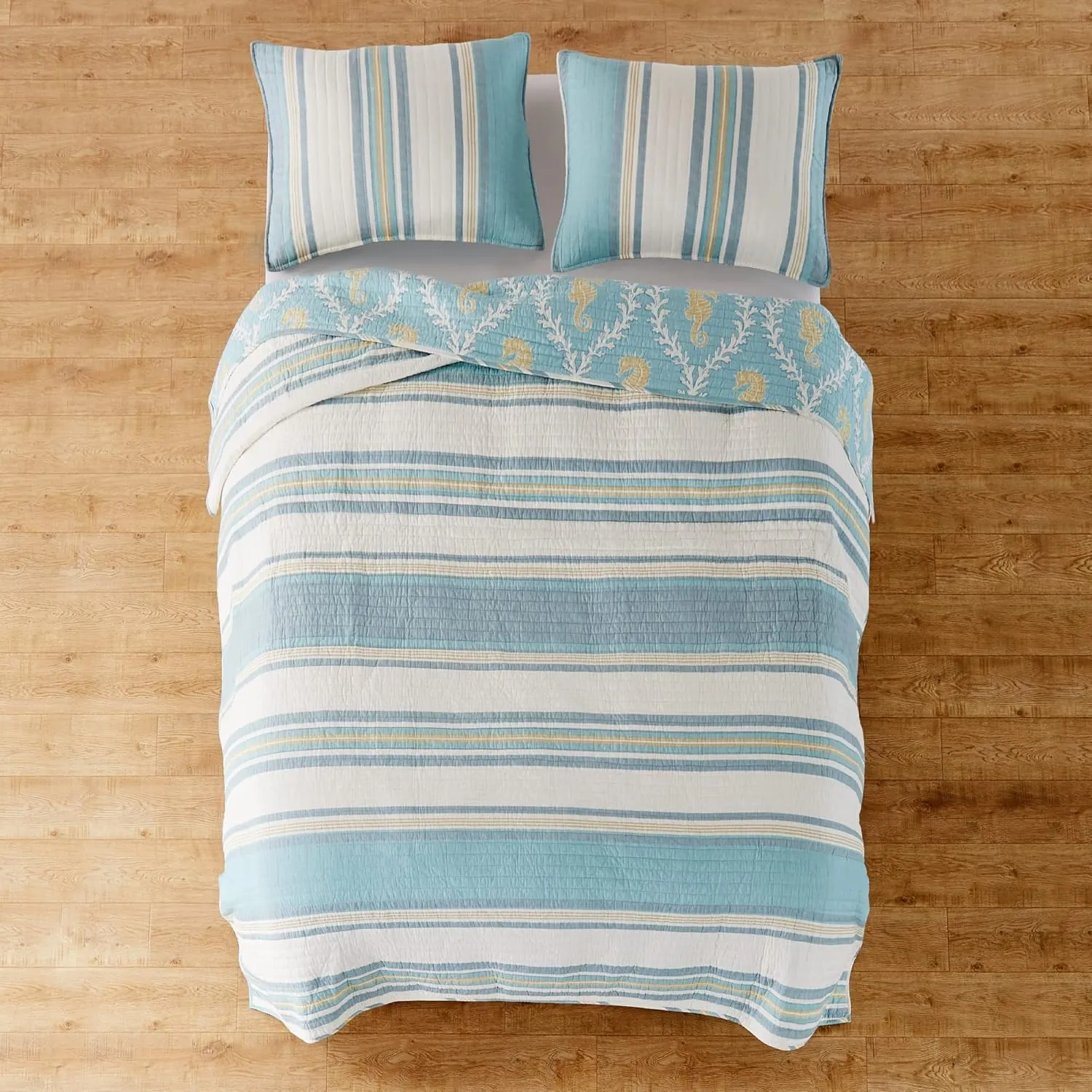Levtex Home - Kailua Quilt Set - Queen Quilt   Two Standard Pillow Shams - Stripe - Blue Teal Taupe Cream - Quilt (88x92in.) and Pillow Shams (26x20in.) - Reversible - Cotton Fabric