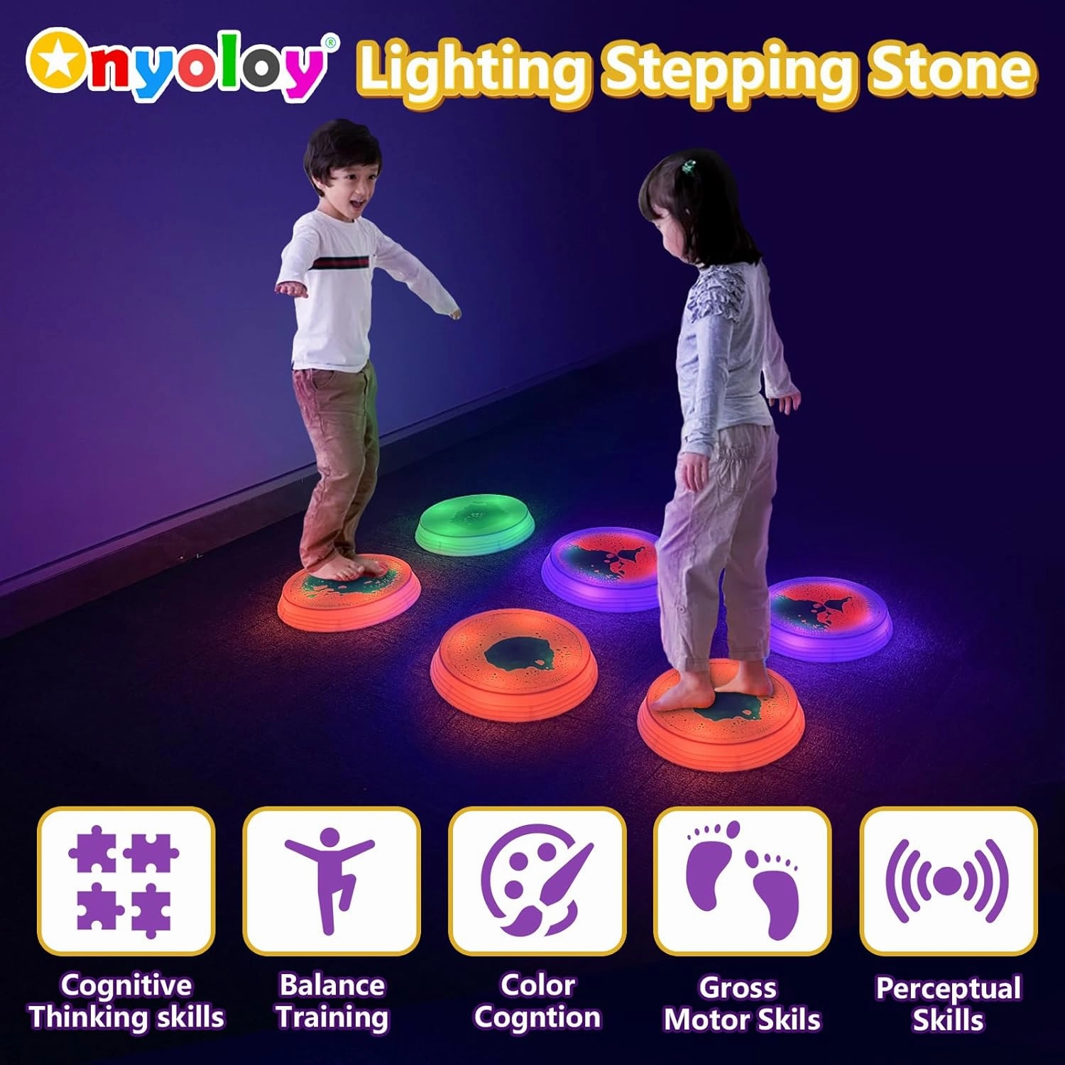 Light Up Liquid Stepping Stones - 1 Round Purple Liquid Stepping Stone, 7 Light Up Colors, Indoor Obstacle Training Balancing Stepping Stone Toy for Kids Ages 3 and Up.