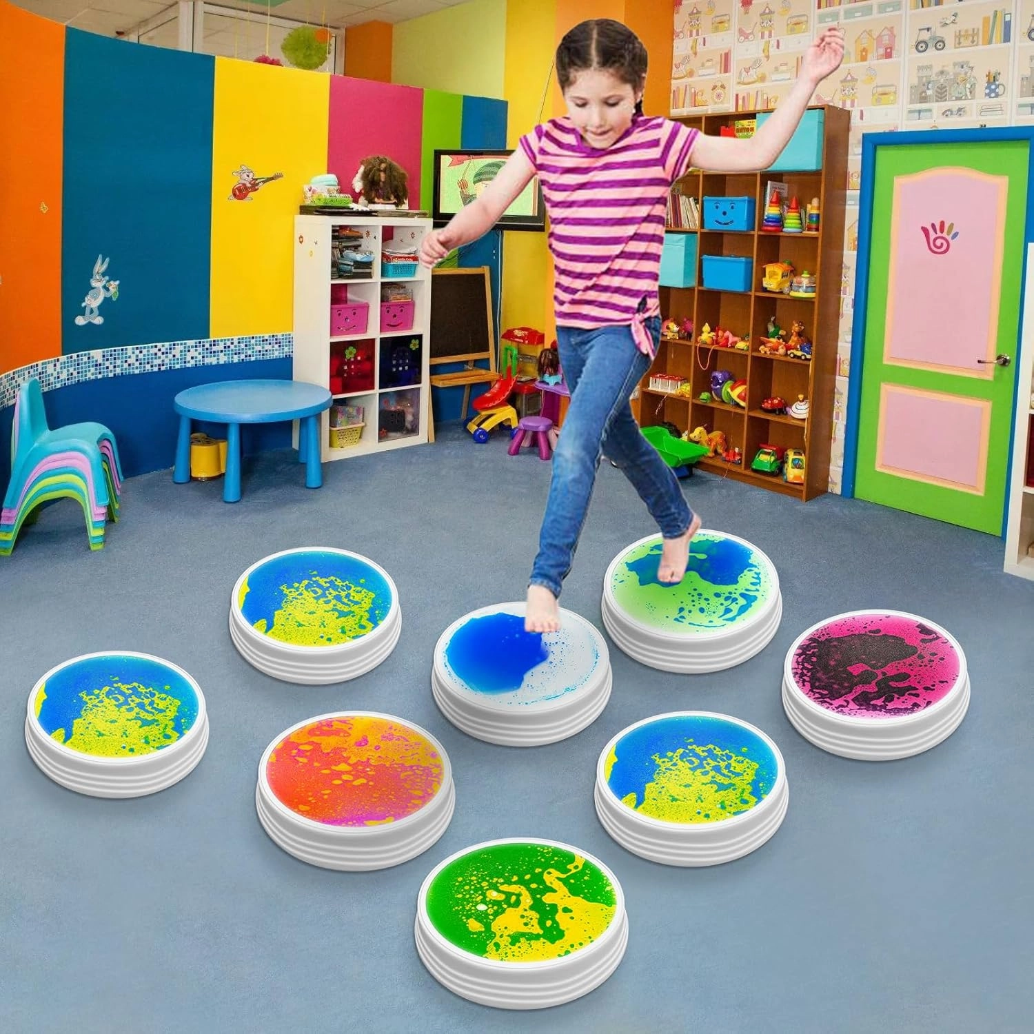 Light Up Liquid Stepping Stones - 1 Round Purple Liquid Stepping Stone, 7 Light Up Colors, Indoor Obstacle Training Balancing Stepping Stone Toy for Kids Ages 3 and Up.