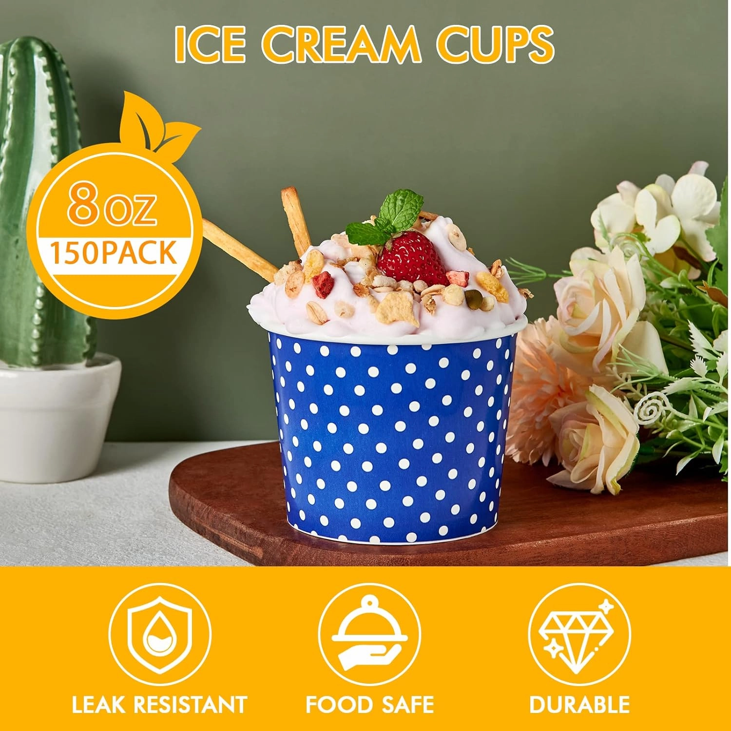 LITOPAK 150 Pack 8 oz Ice Cream Cups, Disposable Dessert Cups for Cold or Hot Food, Coloured Paper Dessert Bowls for Soups, Sundaes, and Ice Cream