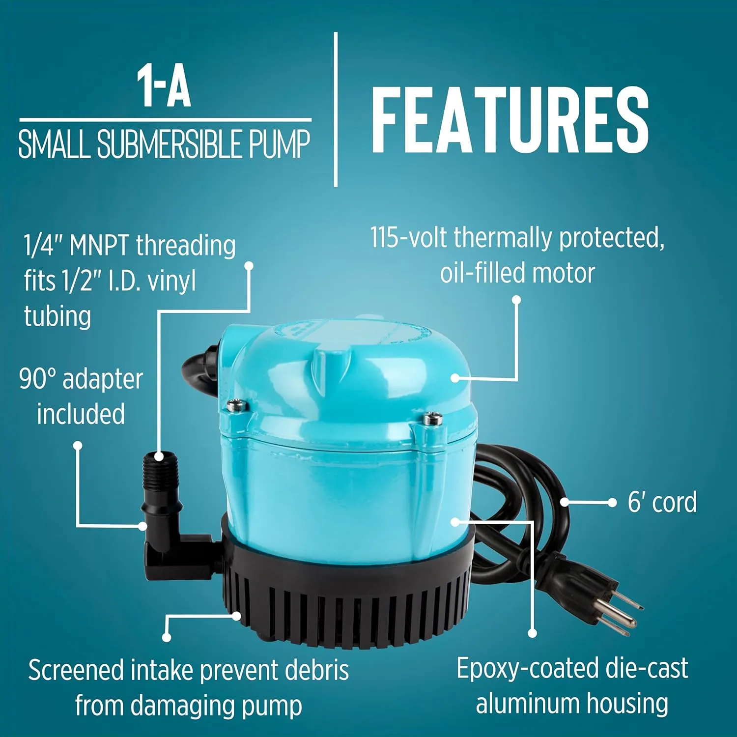 Little Giant 1-A 115 Volt, 1/200 HP, 170 GPH Small Submersible Permanently Oiled Pump for Fountain, Water Displays and Air Conditioners, 6-Foot Cord, Blue, 500203