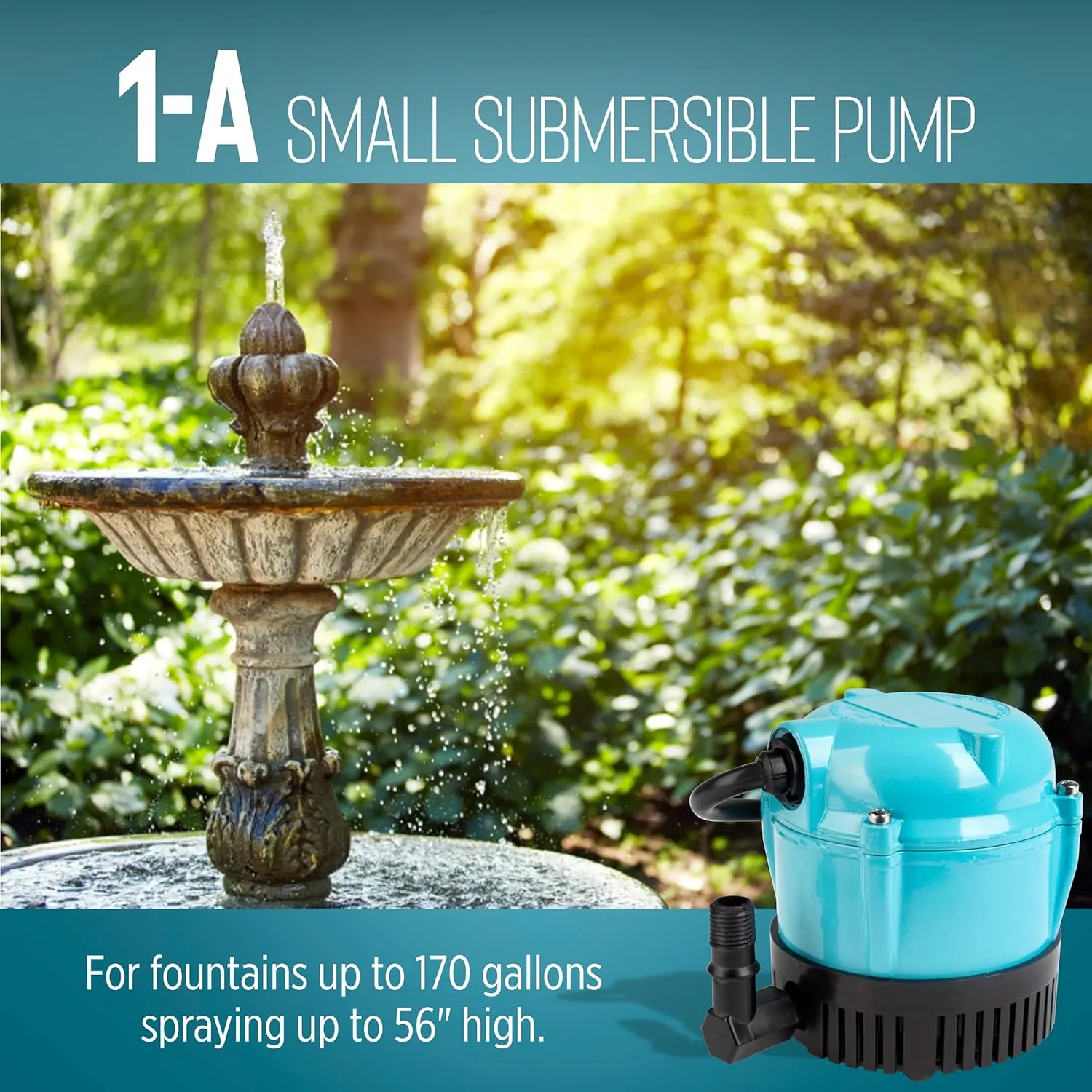 Little Giant 1-A 115 Volt, 1/200 HP, 170 GPH Small Submersible Permanently Oiled Pump for Fountain, Water Displays and Air Conditioners, 6-Foot Cord, Blue, 500203