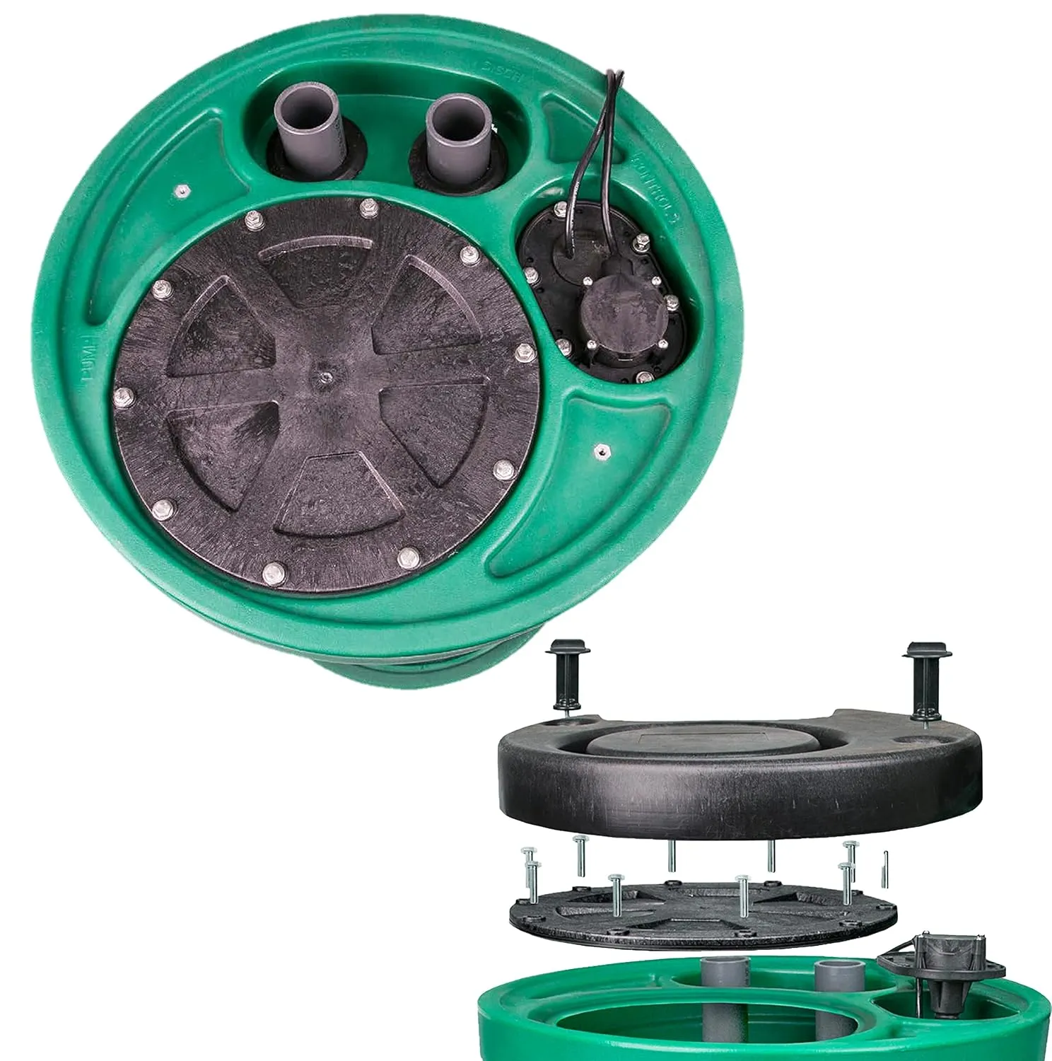 Little Giant 9JF3V2D Pit Plus JR Sewage Basin System with 115-Volt, 4/10 HP, 6000 GPH 9SC-CIM Sewage Pump, Float Switch with 20-Ft. Cord, 3-inch Vent, 2-inch Discharge, Green/Blue/Black, 509679