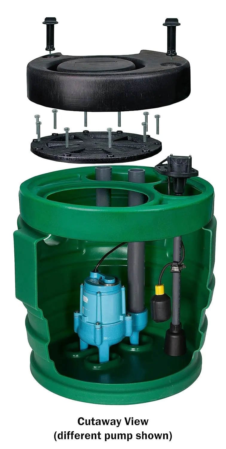 Little Giant 9JF3V2D Pit Plus JR Sewage Basin System with 115-Volt, 4/10 HP, 6000 GPH 9SC-CIM Sewage Pump, Float Switch with 20-Ft. Cord, 3-inch Vent, 2-inch Discharge, Green/Blue/Black, 509679
