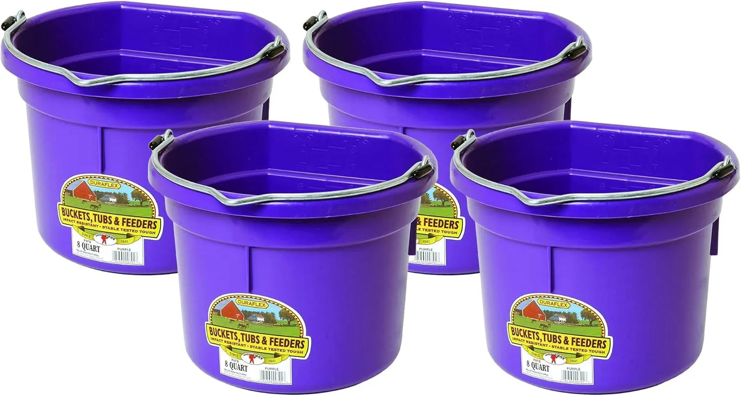 Little Giant P8FBPURPLE 2 Gallon All Purpose Heavy Duty Farm Flat Back Plastic Buckets for Supplies, Toys, Laundry, and Water, Purple, (4 Pack)