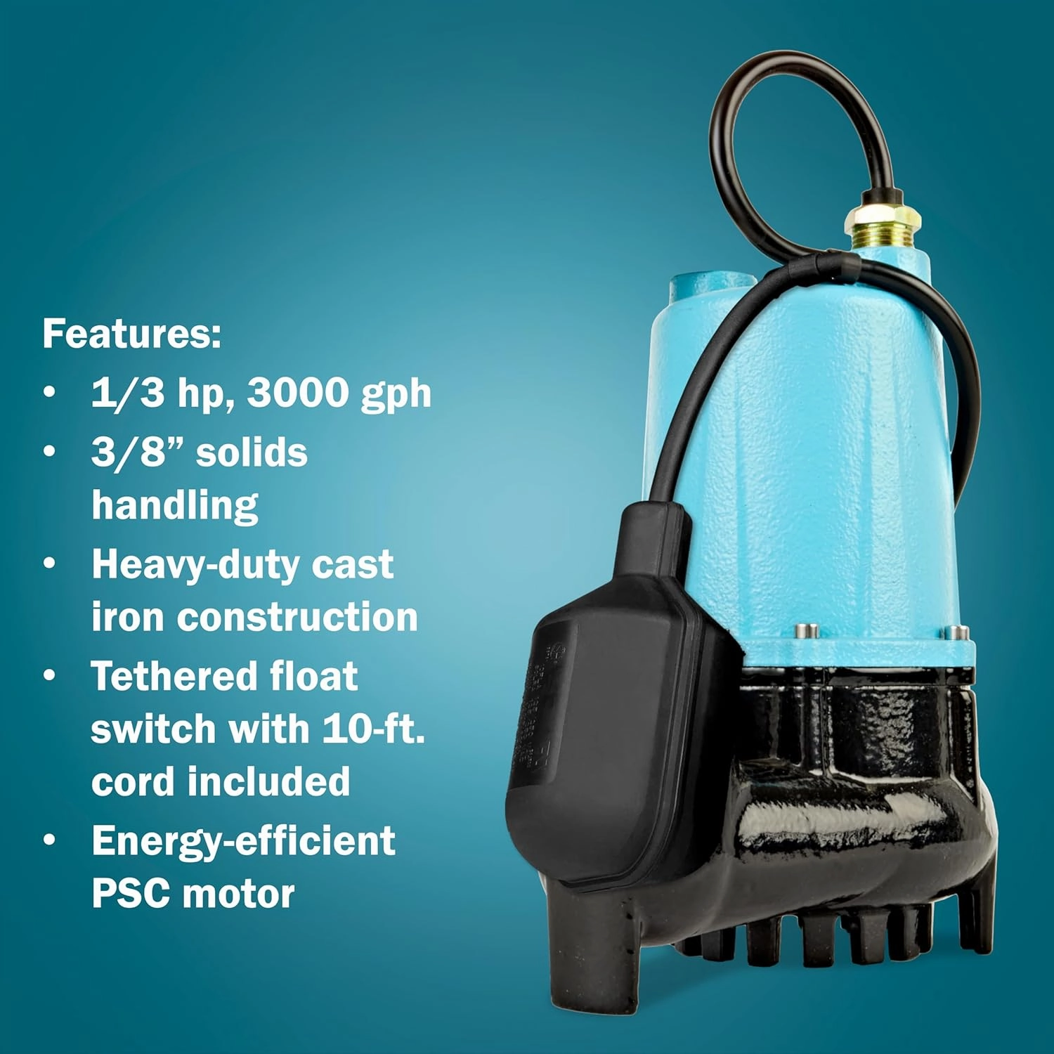Little Giant BSC33T 1/3 HP, 115 Volt, 3000 GPH Automatic Submersible Cast Iron Sump/Effluent Pump with Piggy-back Tethered Float Switch and 10-Ft. Cord, Blue, 506255