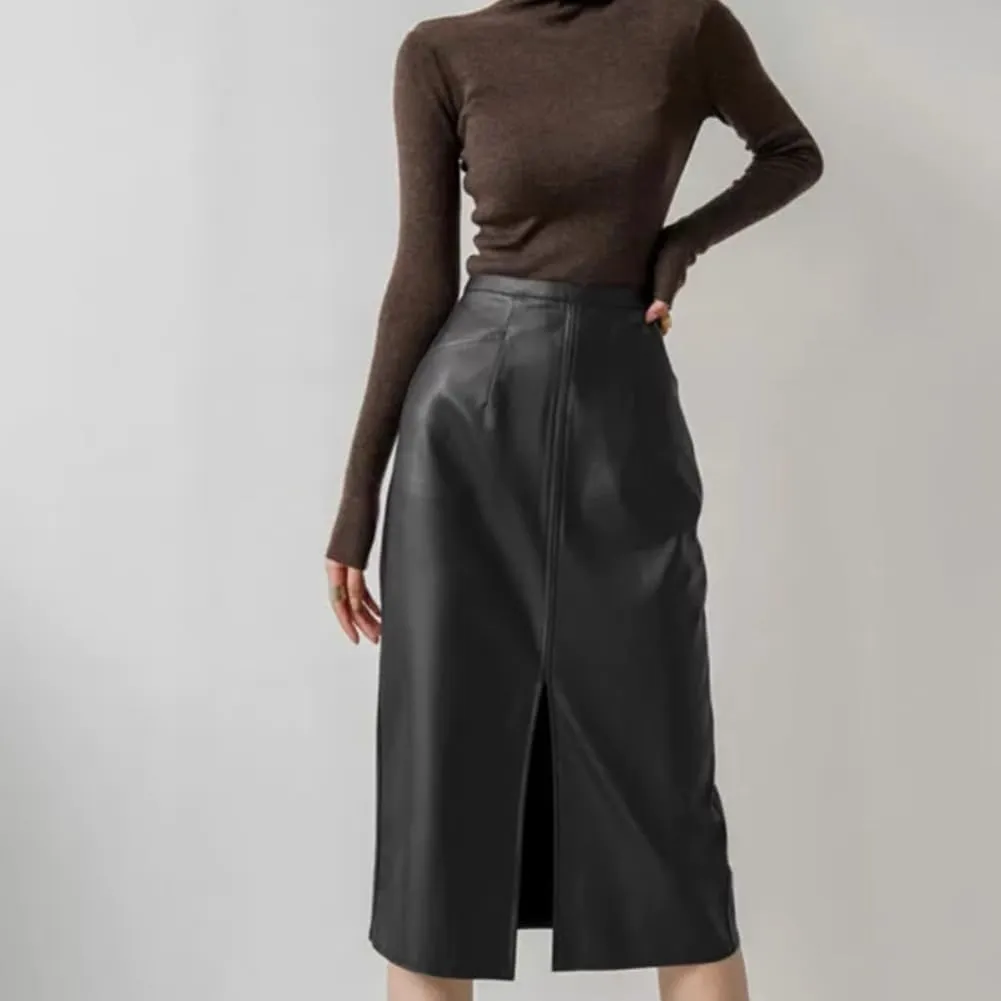LIXINGHEITANG Midlength Leather Skirt for Women, Autumn Style Retro Waist Slimming Hip