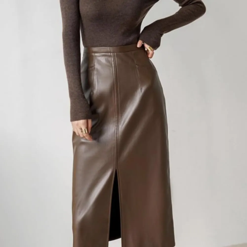 LIXINGHEITANG Midlength Leather Skirt for Women, Autumn Style Retro Waist Slimming Hip