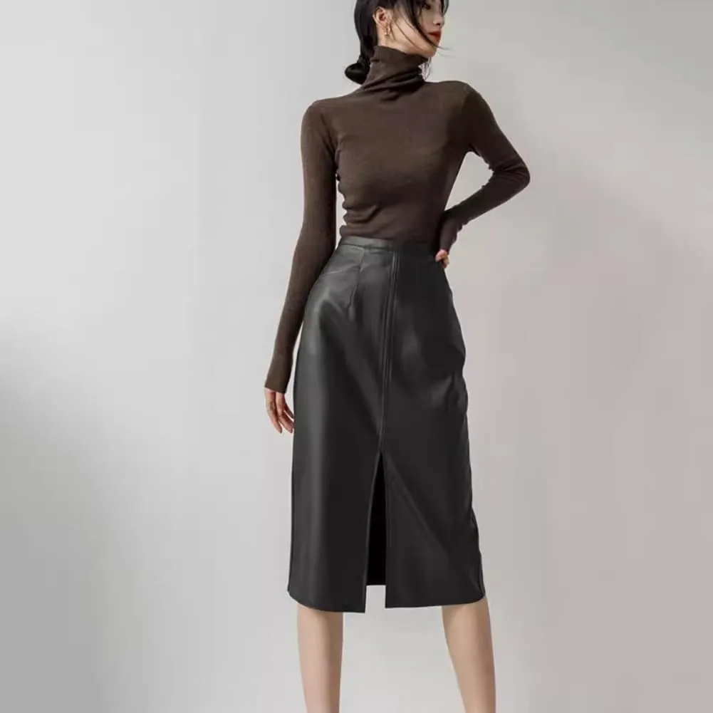 LIXINGHEITANG Midlength Leather Skirt for Women, Autumn Style Retro Waist Slimming Hip