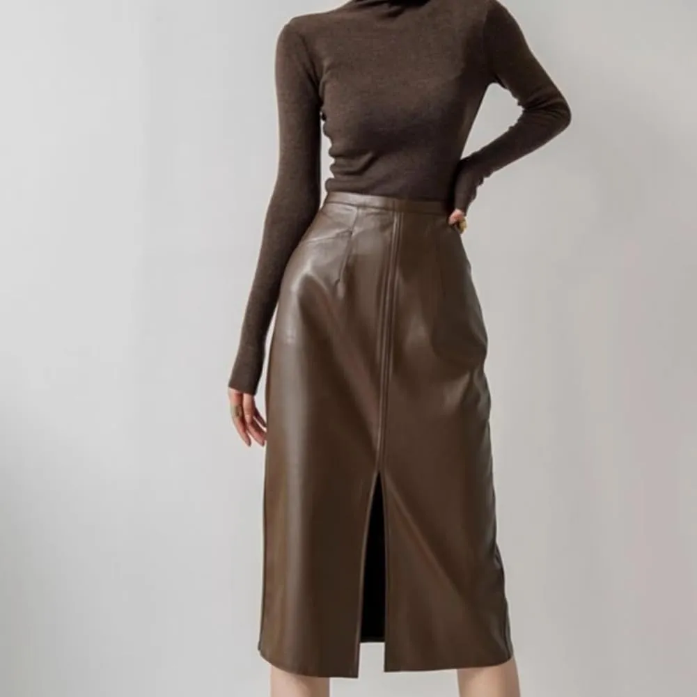 LIXINGHEITANG Midlength Leather Skirt for Women, Autumn Style Retro Waist Slimming Hip