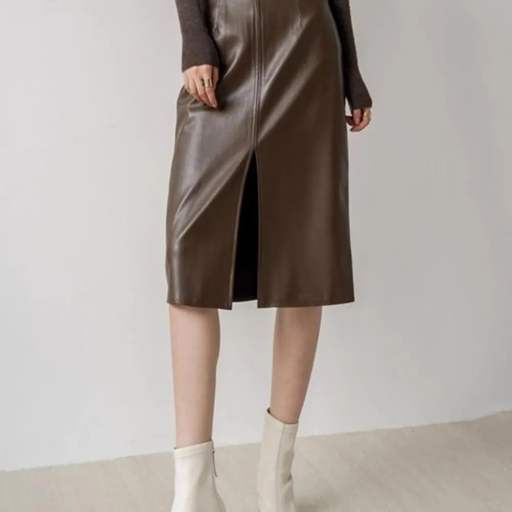 LIXINGHEITANG Midlength Leather Skirt for Women, Autumn Style Retro Waist Slimming Hip