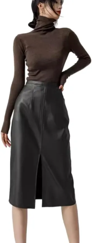 LIXINGHEITANG Midlength Leather Skirt for Women, Autumn Style Retro Waist Slimming Hip
