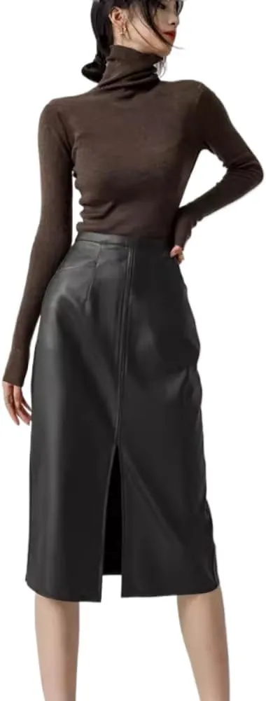 LIXINGHEITANG Midlength Leather Skirt for Women, Autumn Style Retro Waist Slimming Hip