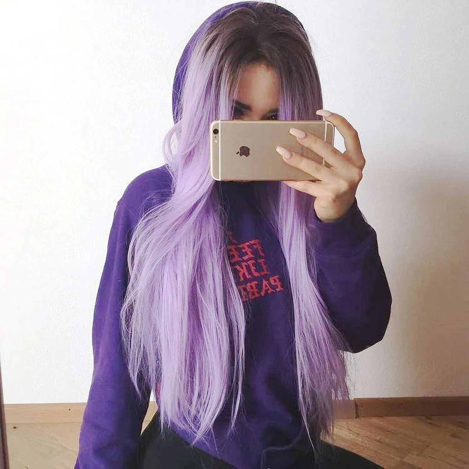 Long Straight Lilac Purple Ombre Wigs with Dark Brown Roots Synthetic Lace Front Wigs for Women Female Heat Resistant Fiber Ombre Purple Synthetic Lace Wig Cosplay Party Daily Use Drag Queen