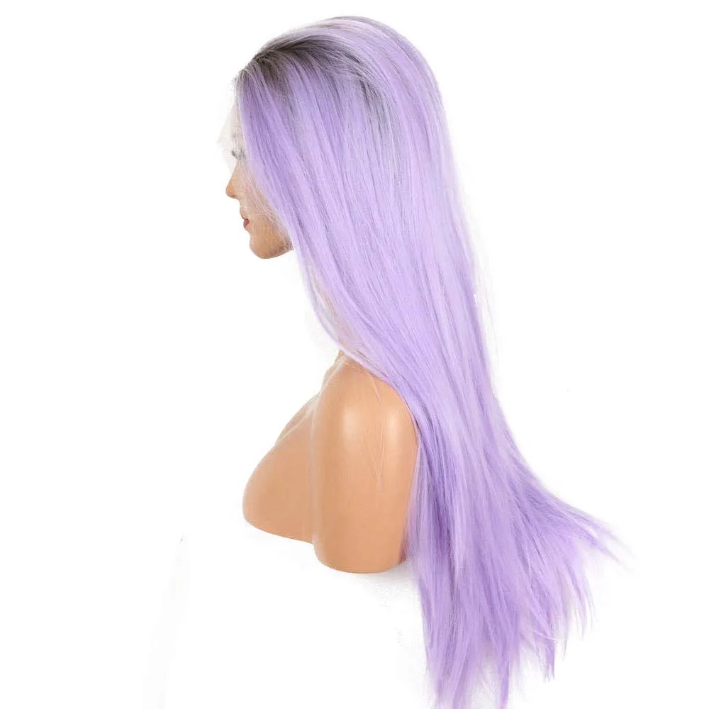 Long Straight Lilac Purple Ombre Wigs with Dark Brown Roots Synthetic Lace Front Wigs for Women Female Heat Resistant Fiber Ombre Purple Synthetic Lace Wig Cosplay Party Daily Use Drag Queen