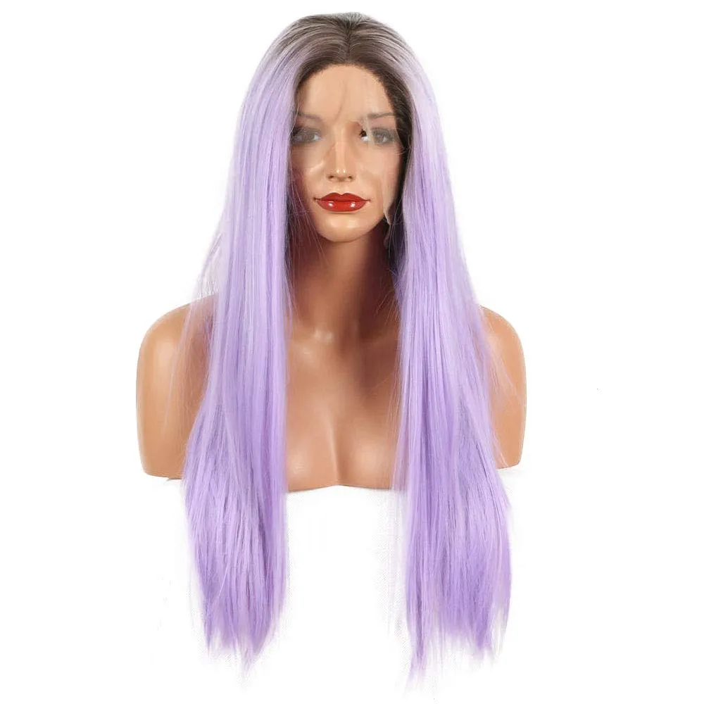 Long Straight Lilac Purple Ombre Wigs with Dark Brown Roots Synthetic Lace Front Wigs for Women Female Heat Resistant Fiber Ombre Purple Synthetic Lace Wig Cosplay Party Daily Use Drag Queen