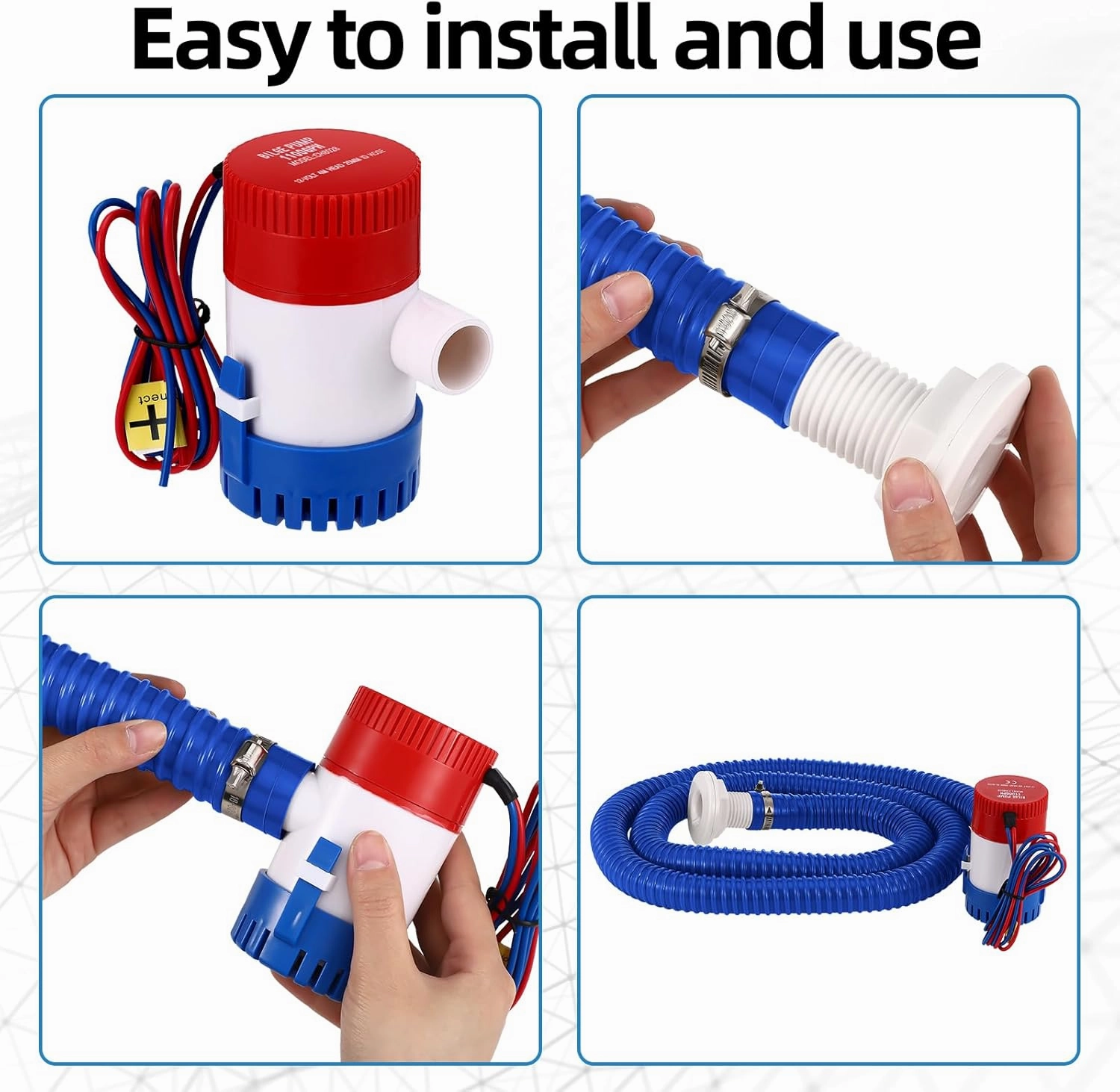 Lounsweer 5 Pcs Bilge Pump Plumbing Kit Including Electric 12v Boat Bilge Water Pump PVC 2 Hose Clamps ThruHull Fitting, 1-1/8-inch(1100gph,Blue)